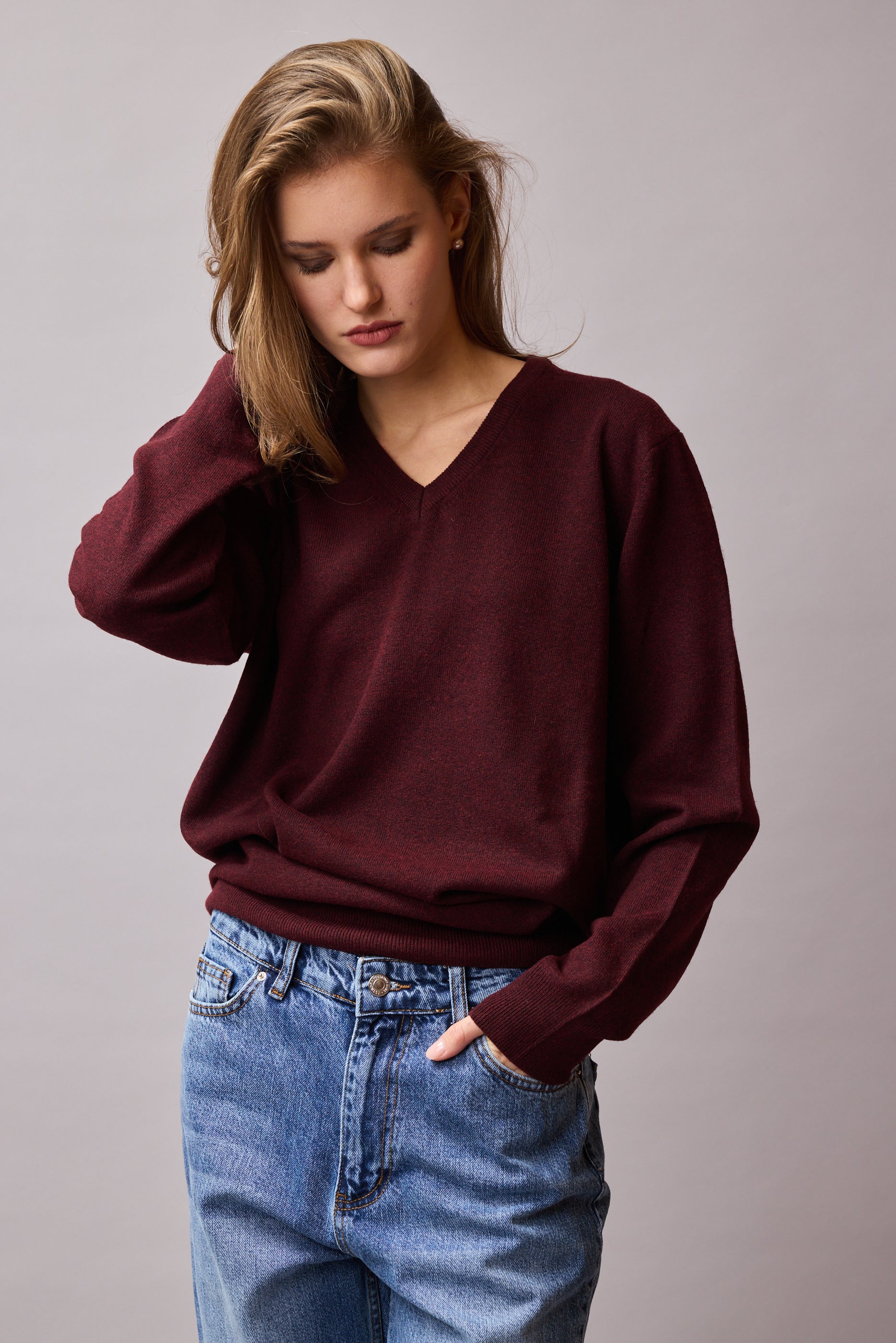 YÜN V YAKA UNISEX KAZAK BORDO