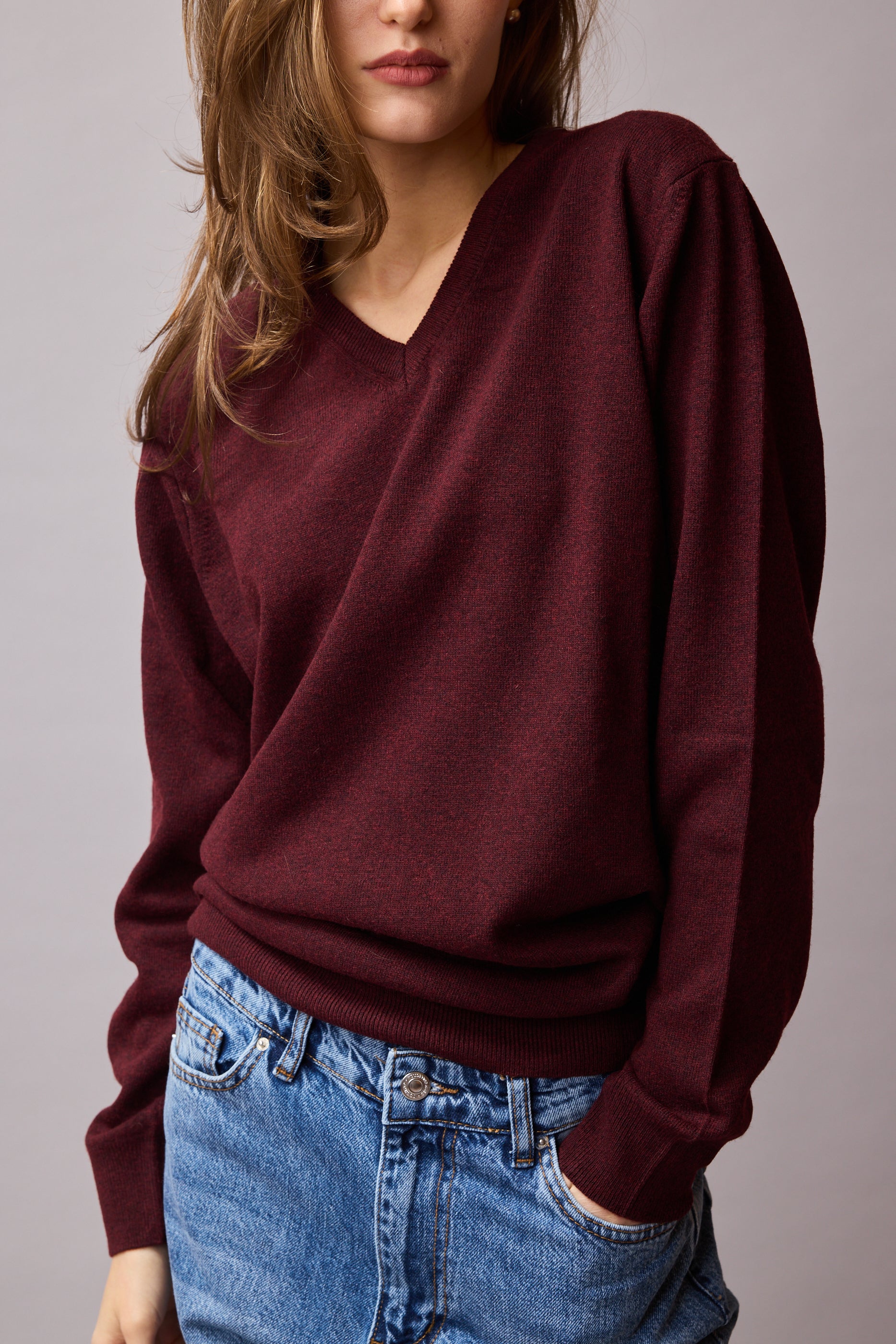 YÜN V YAKA UNISEX KAZAK BORDO