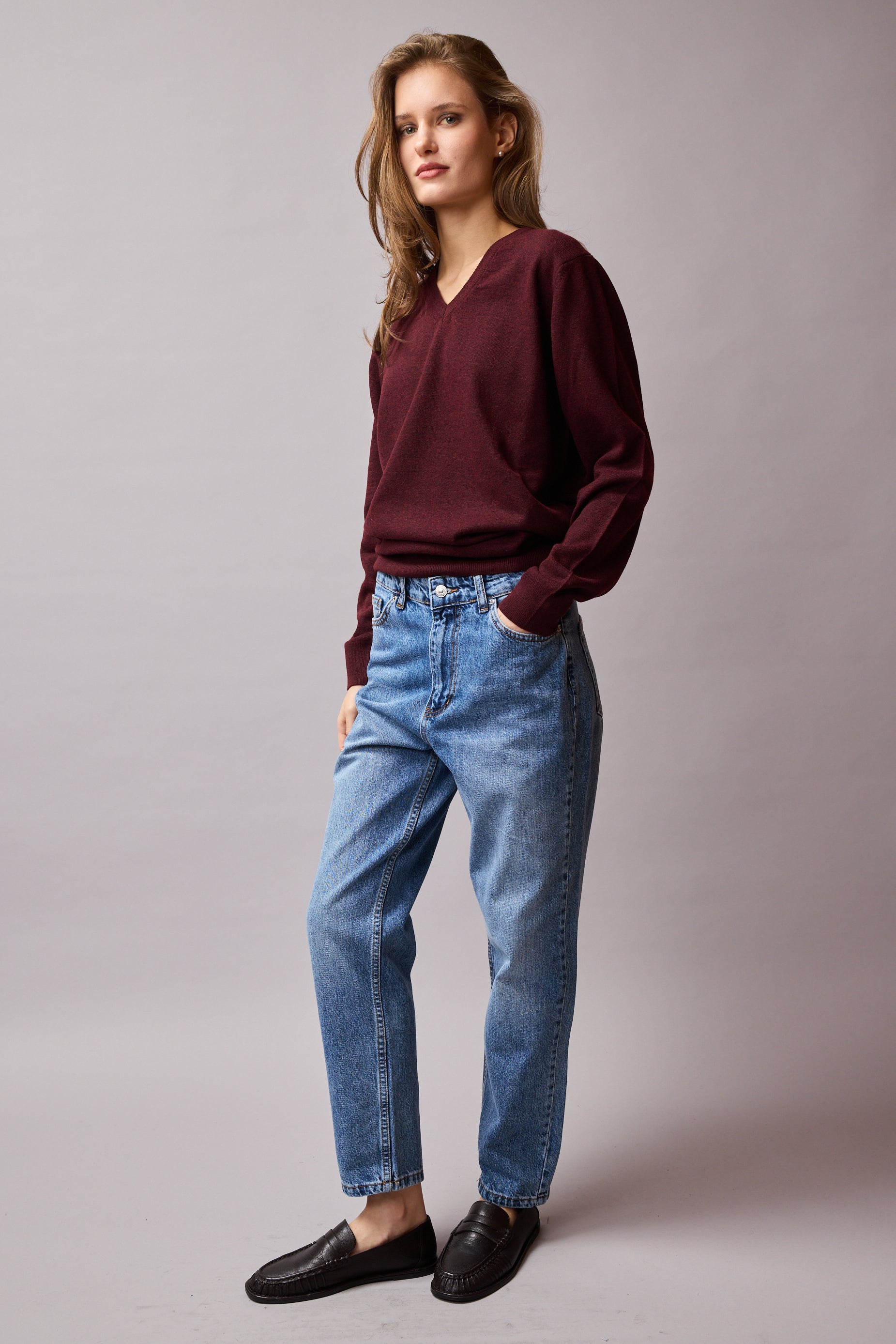 YÜN V YAKA UNISEX KAZAK BORDO