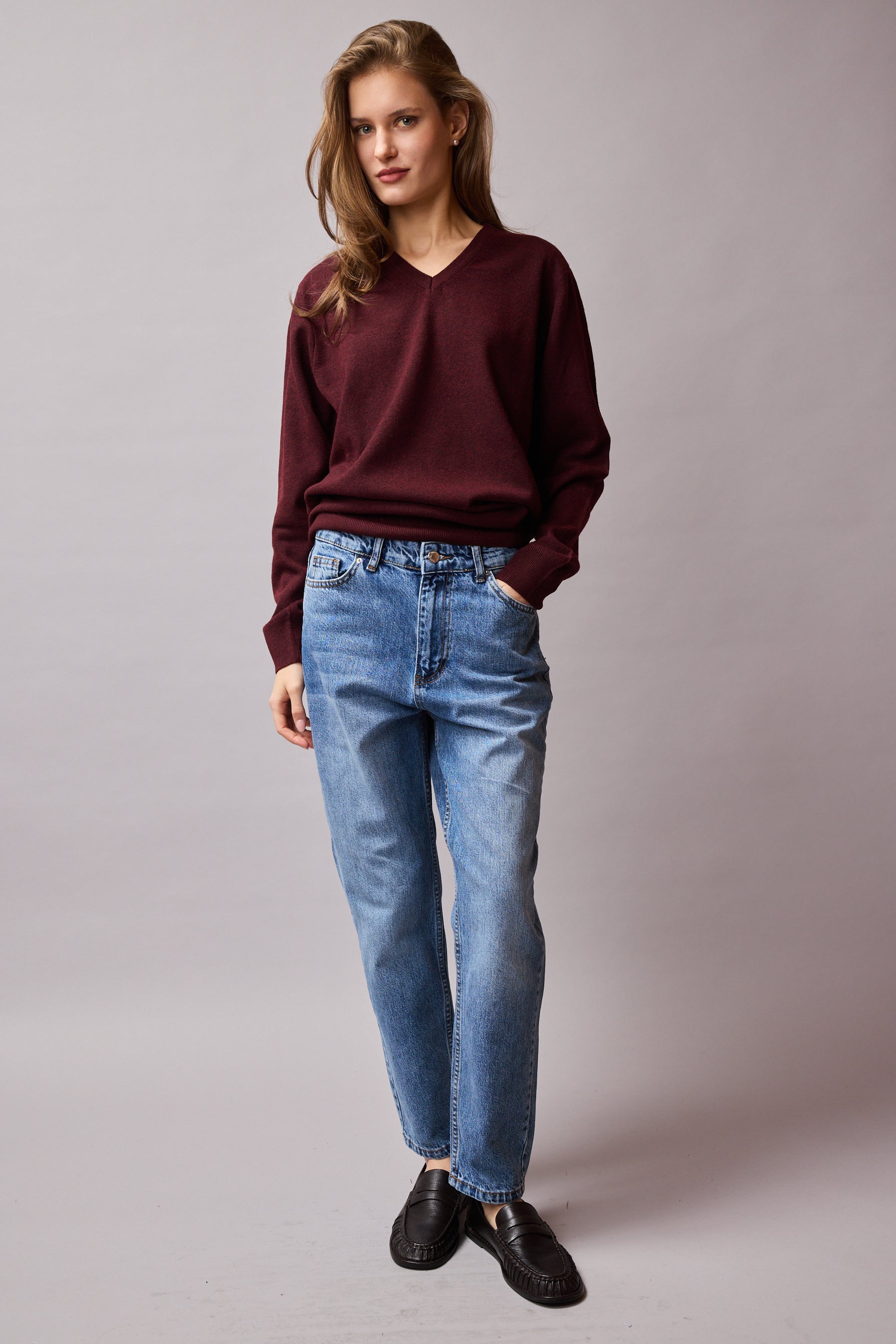 YÜN V YAKA UNISEX KAZAK BORDO