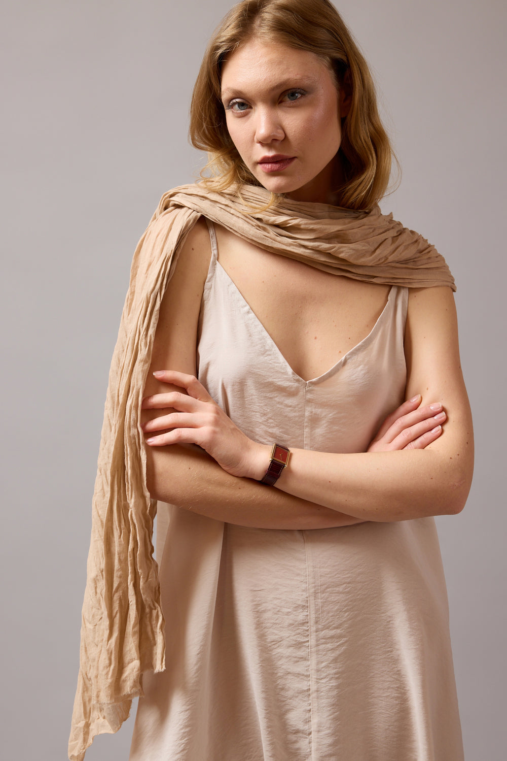 Beige Organik Pamuk Handmade Şal