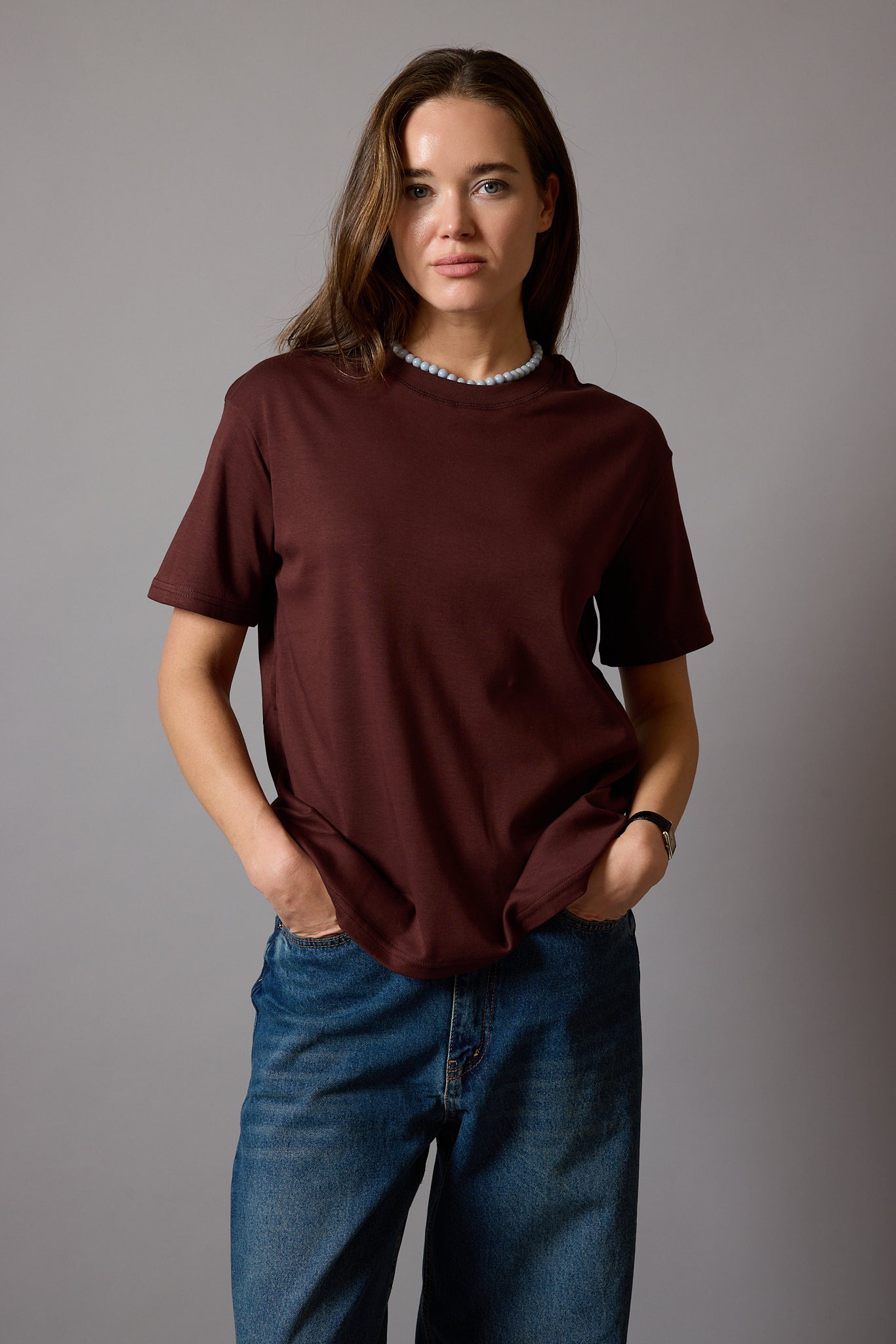 KISA KOLLU PAMUK T-SHIRT KAHVE