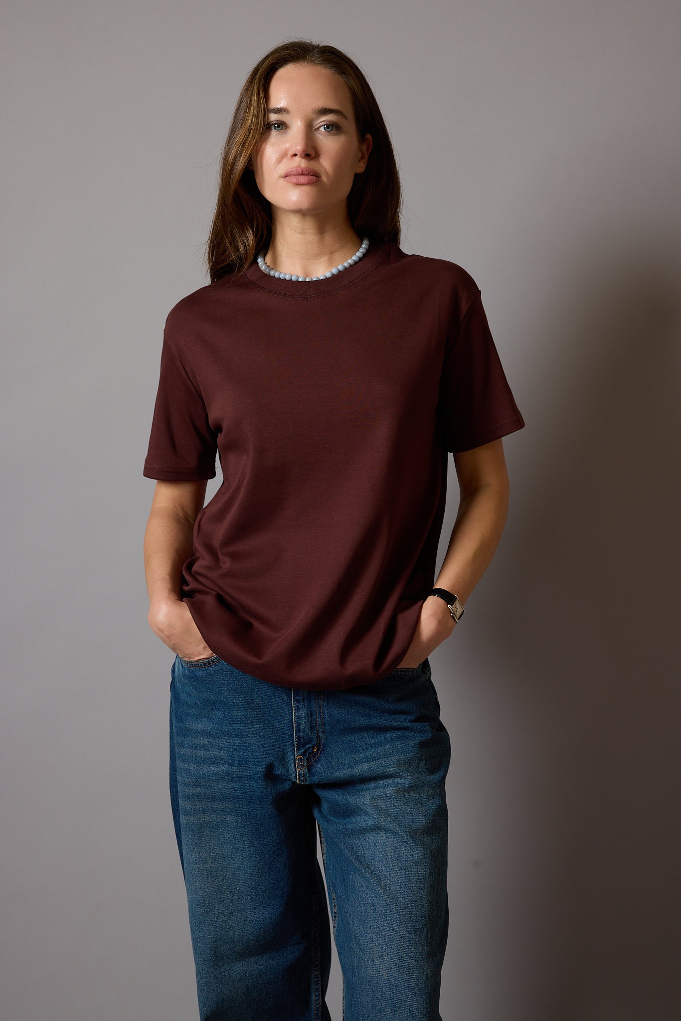 KISA KOLLU PAMUK T-SHIRT KAHVE