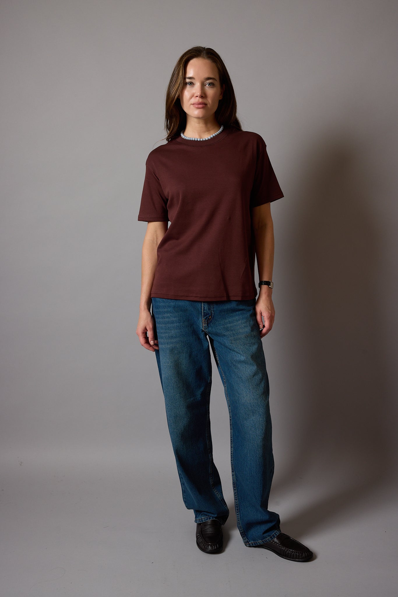 KISA KOLLU PAMUK T-SHIRT KAHVE