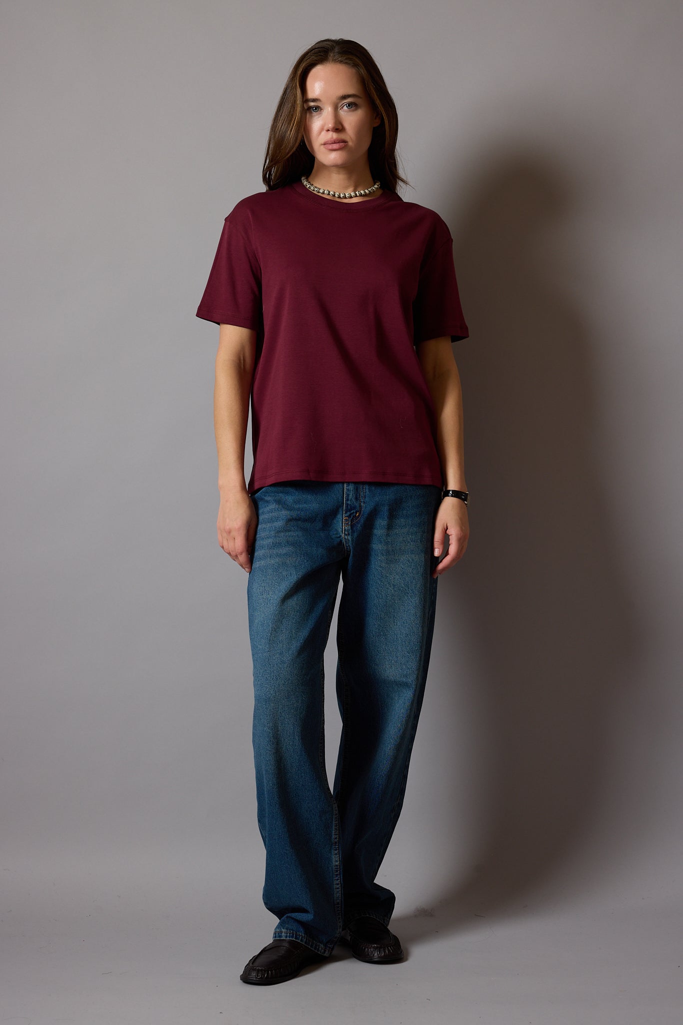 KISA KOLLU PAMUK T-SHIRT BORDO
