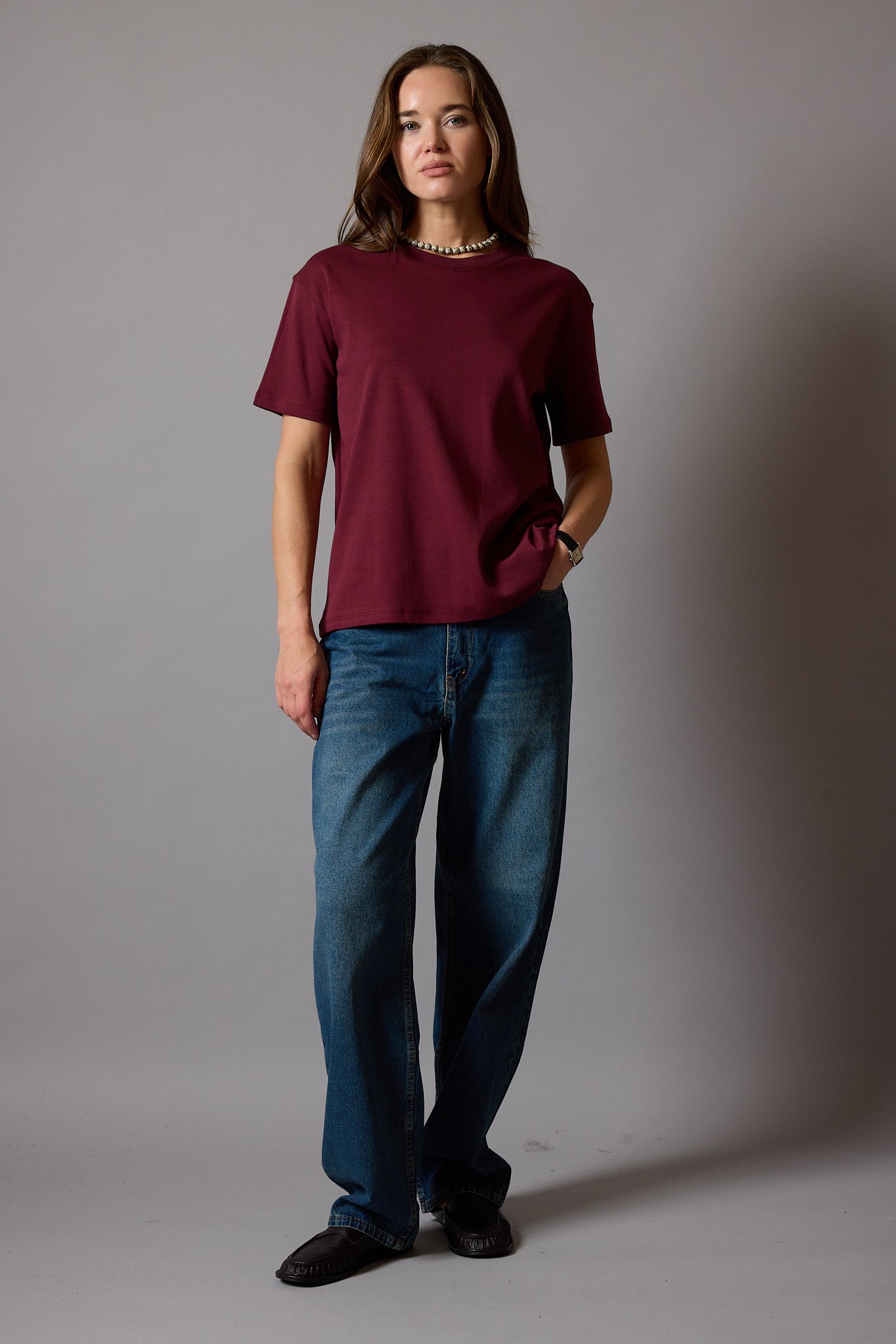 KISA KOLLU PAMUK T-SHIRT BORDO