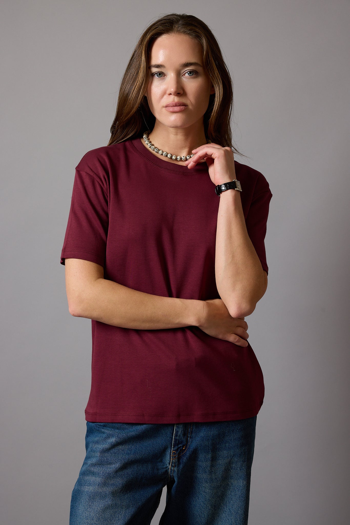 KISA KOLLU PAMUK T-SHIRT BORDO