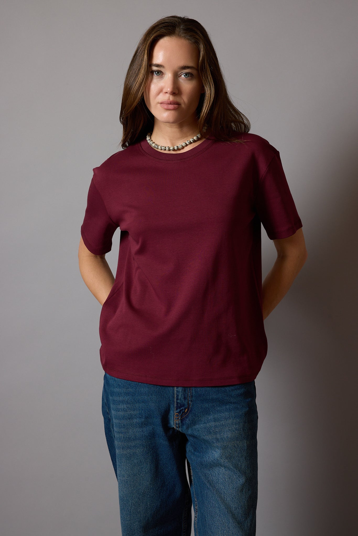 KISA KOLLU PAMUK T-SHIRT BORDO