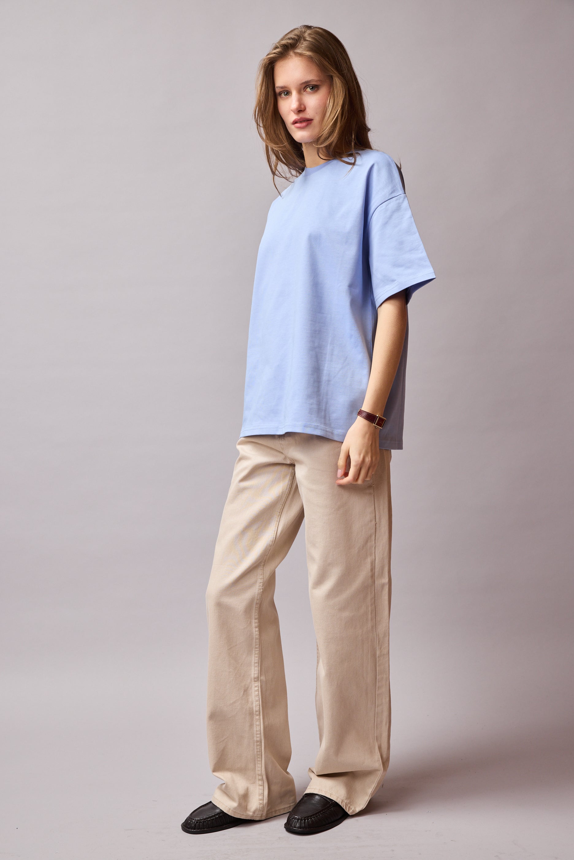 OVERSIZE KISA KOLLU PAMUK T-SHIRT BABY BLUE
