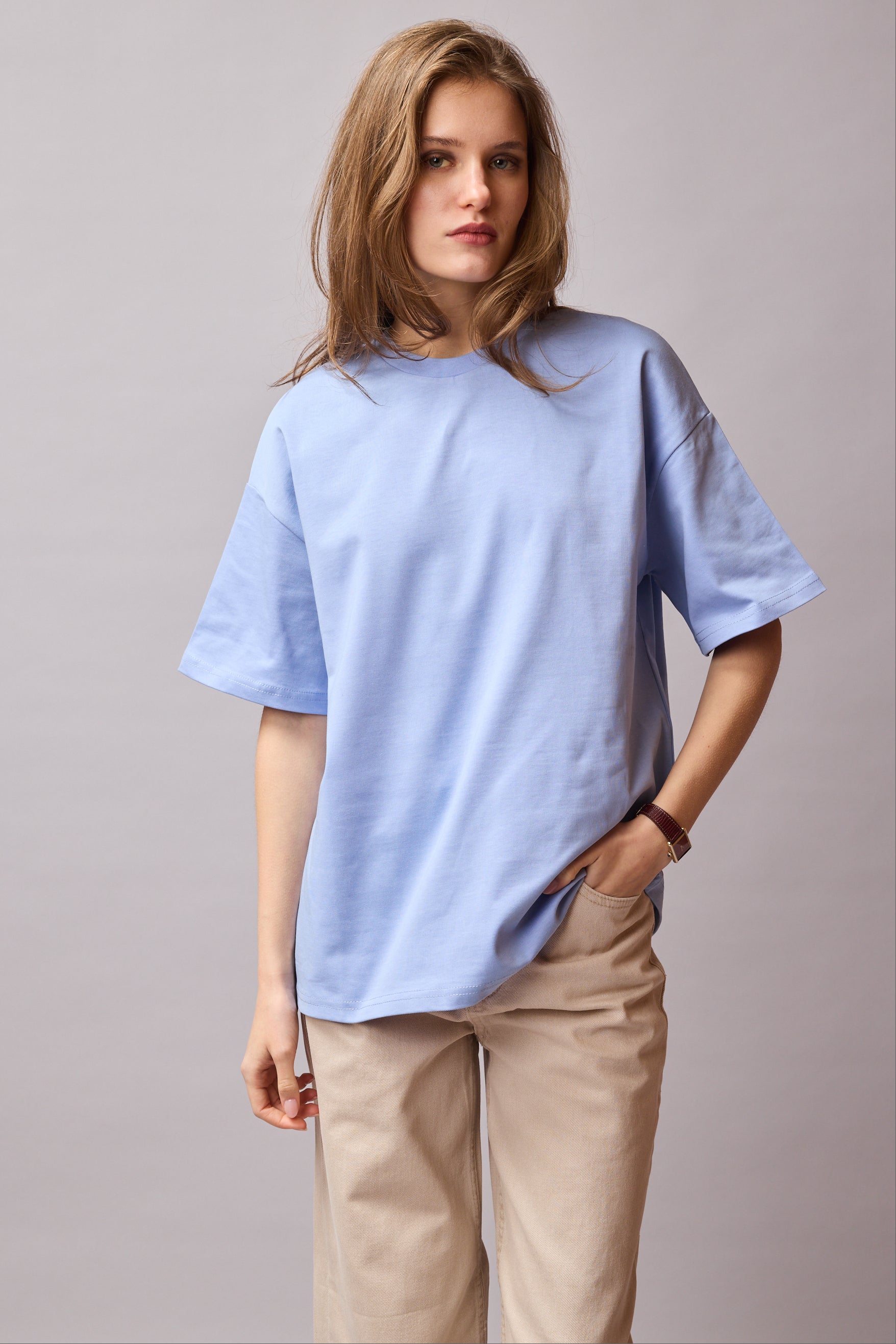 OVERSIZE KISA KOLLU PAMUK T-SHIRT BABY BLUE