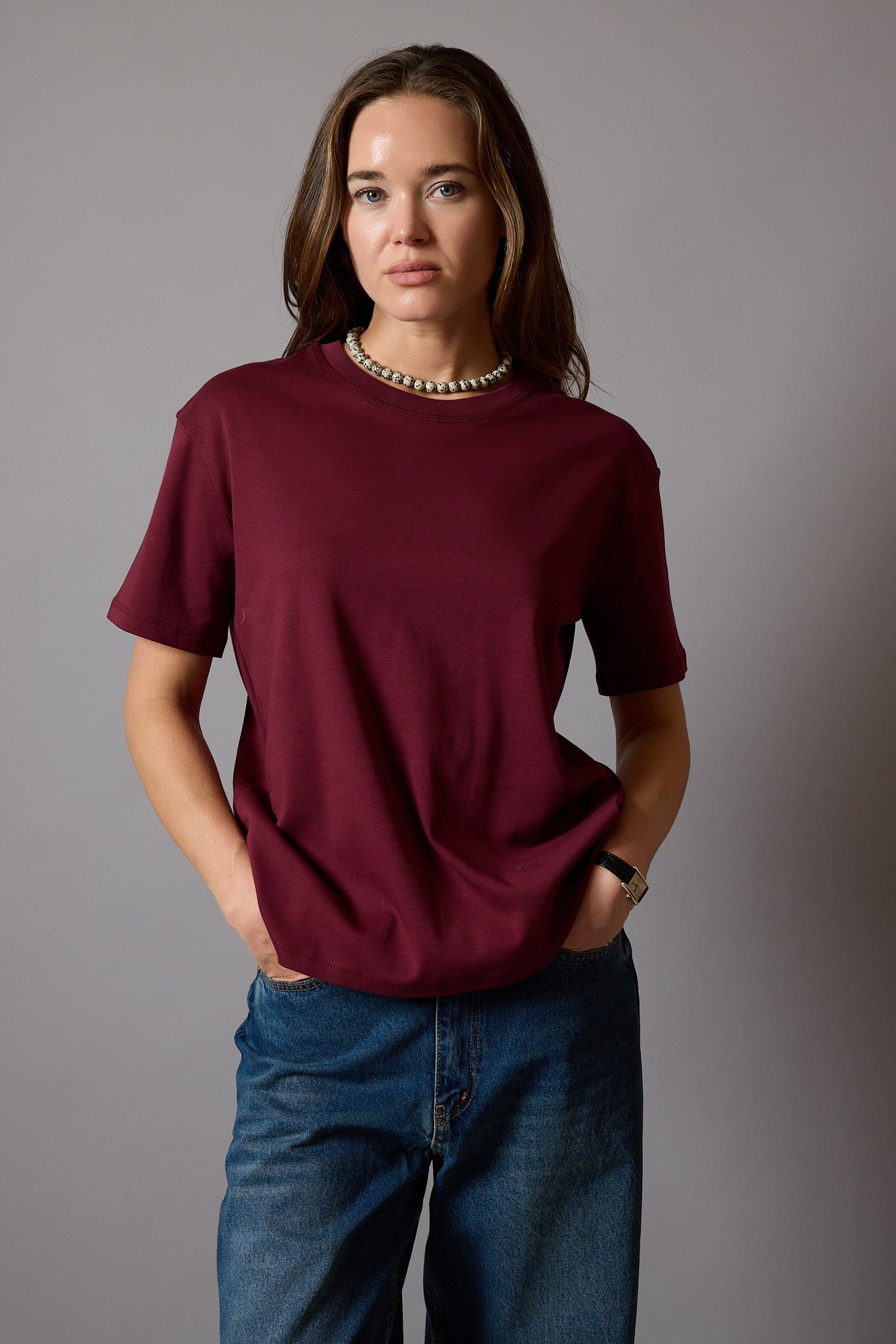 KISA KOLLU PAMUK T-SHIRT BORDO