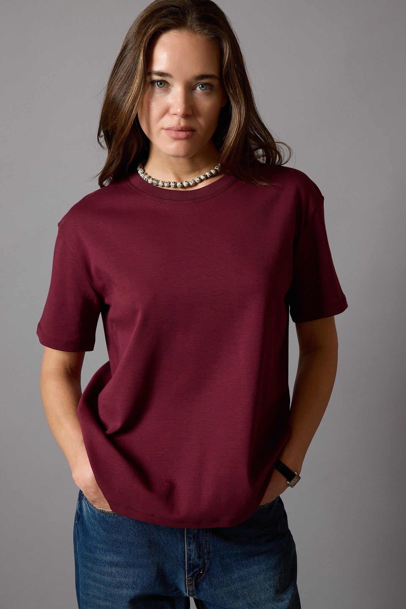 KISA KOLLU PAMUK T-SHIRT BORDO