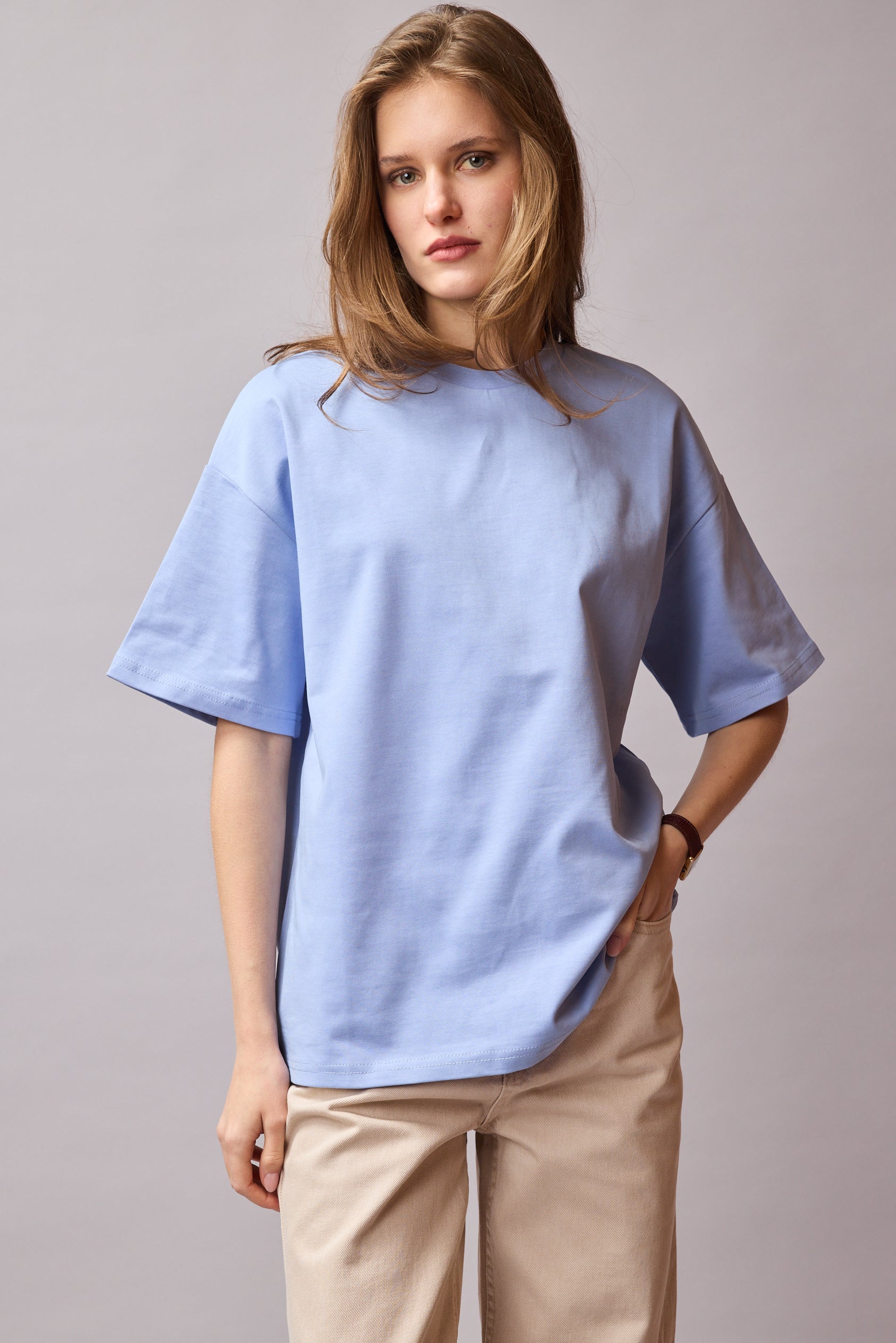 OVERSIZE KISA KOLLU PAMUK T-SHIRT BABY BLUE
