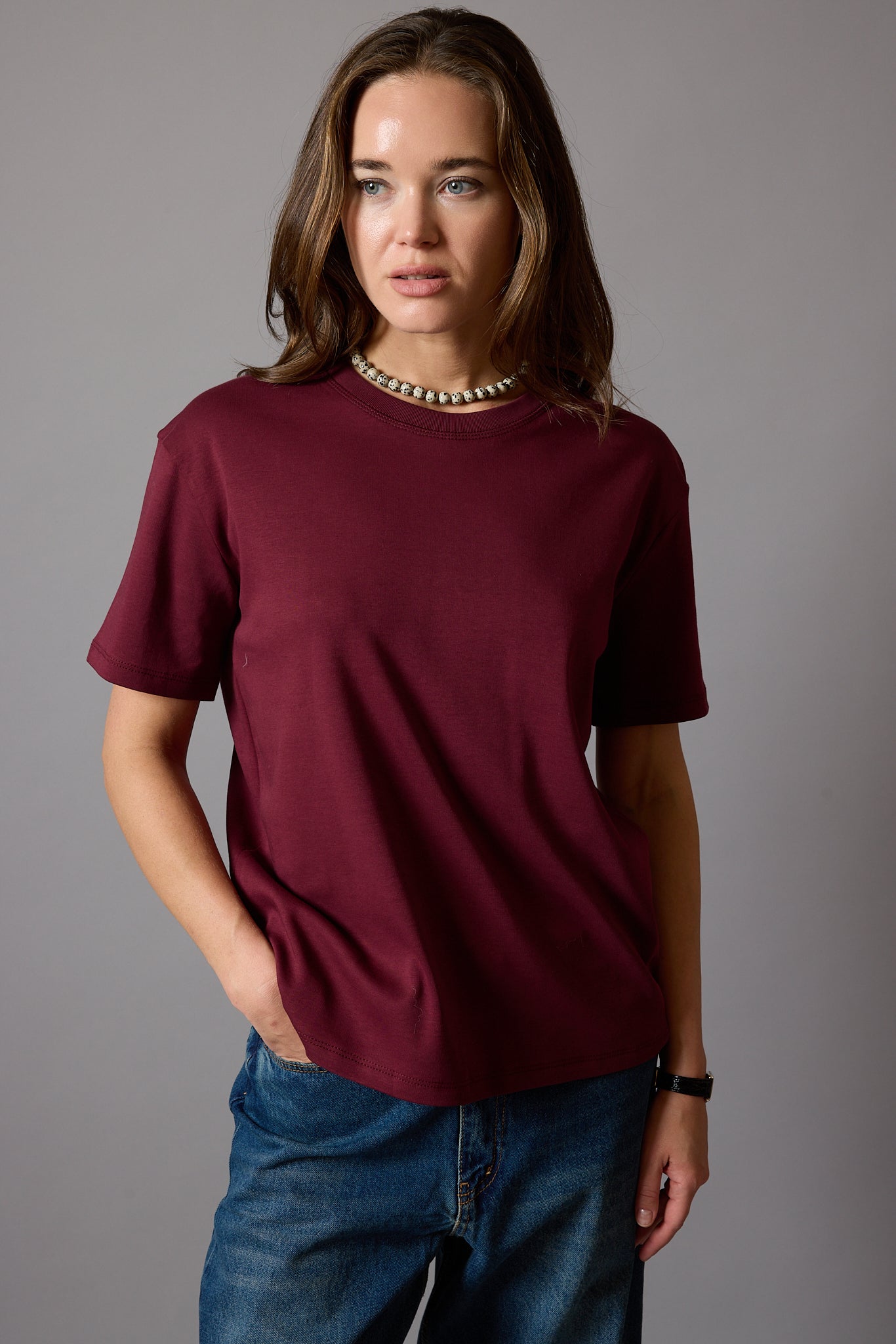 KISA KOLLU PAMUK T-SHIRT BORDO