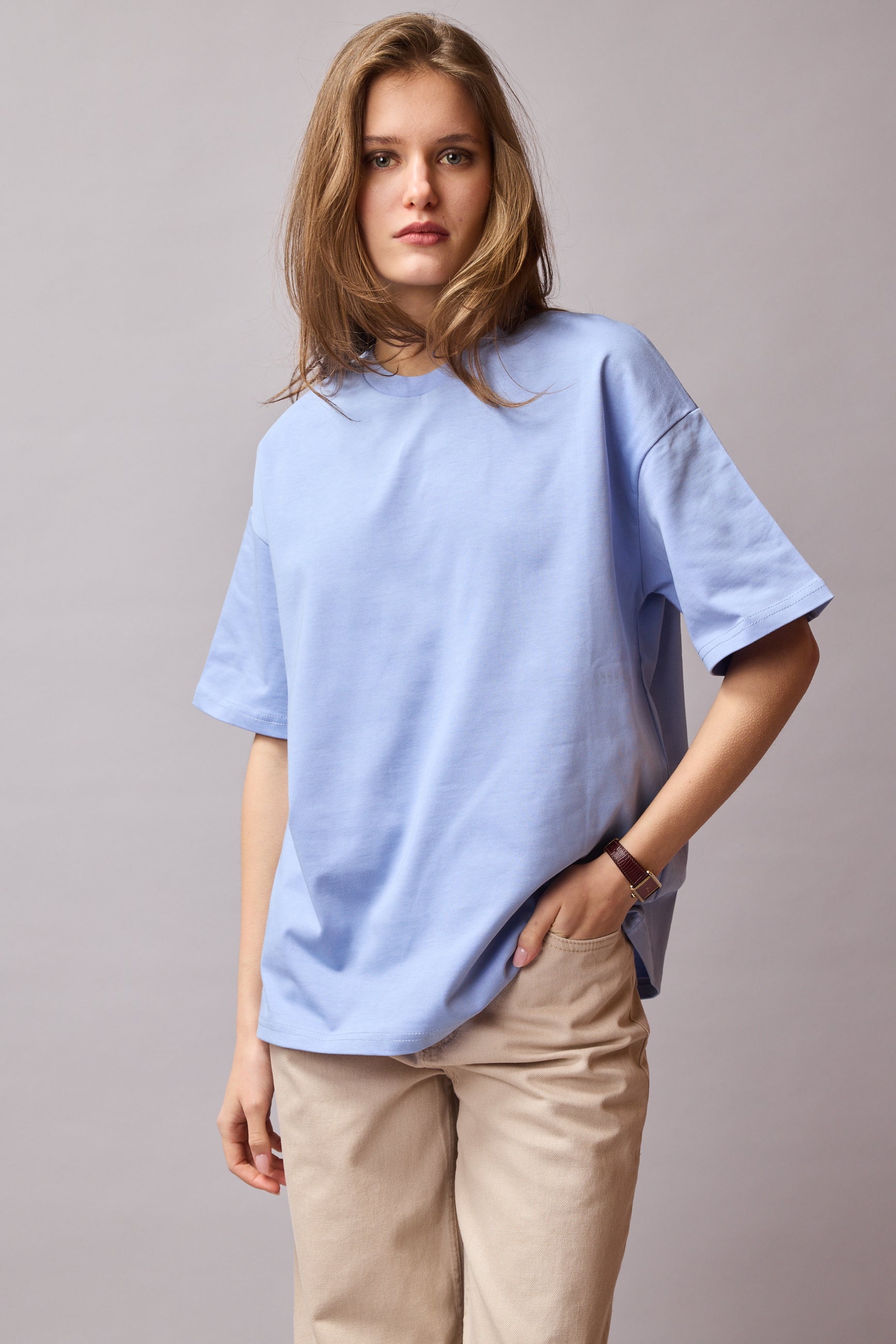 OVERSIZE KISA KOLLU PAMUK T-SHIRT BABY BLUE