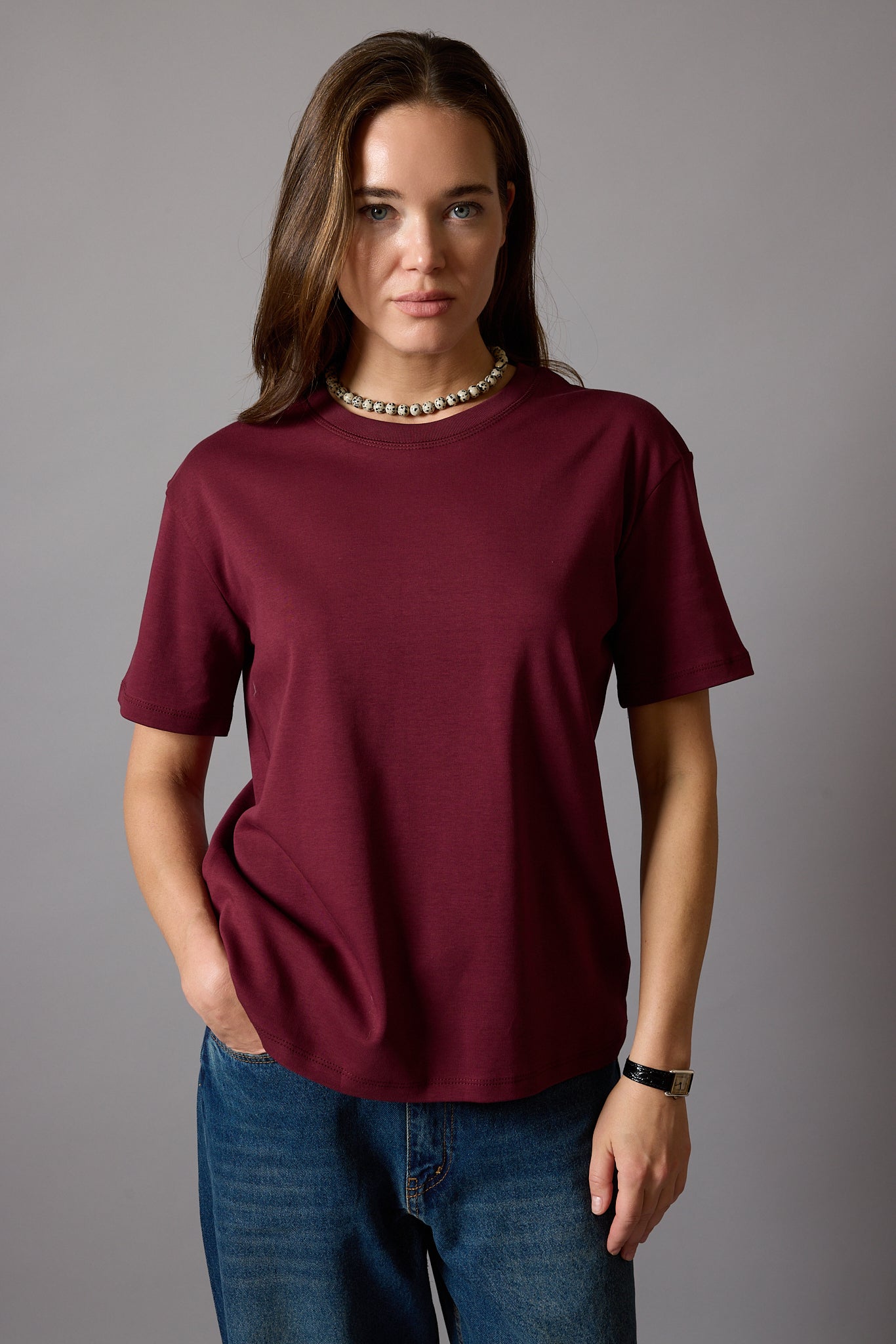KISA KOLLU PAMUK T-SHIRT BORDO
