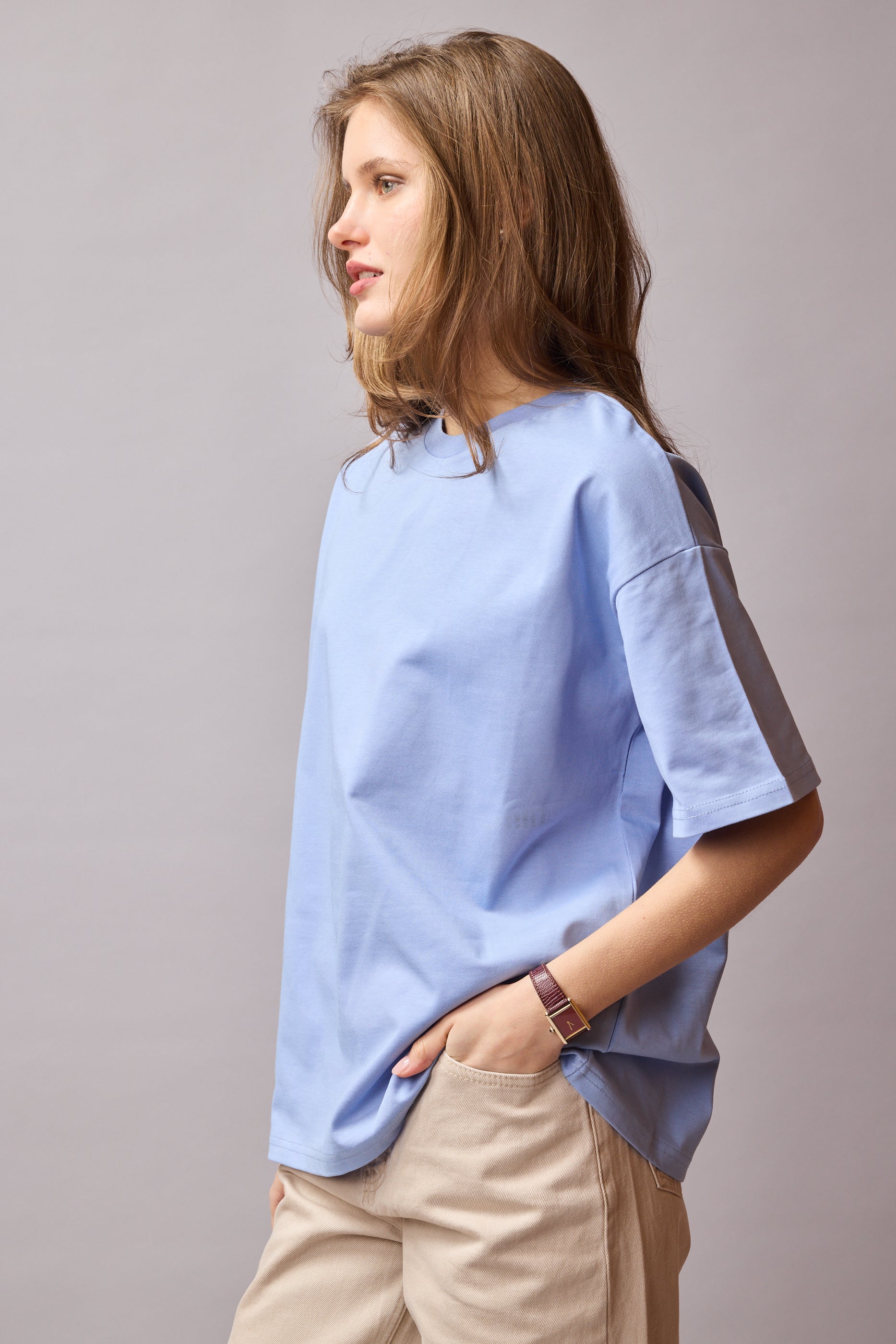OVERSIZE KISA KOLLU PAMUK T-SHIRT BABY BLUE