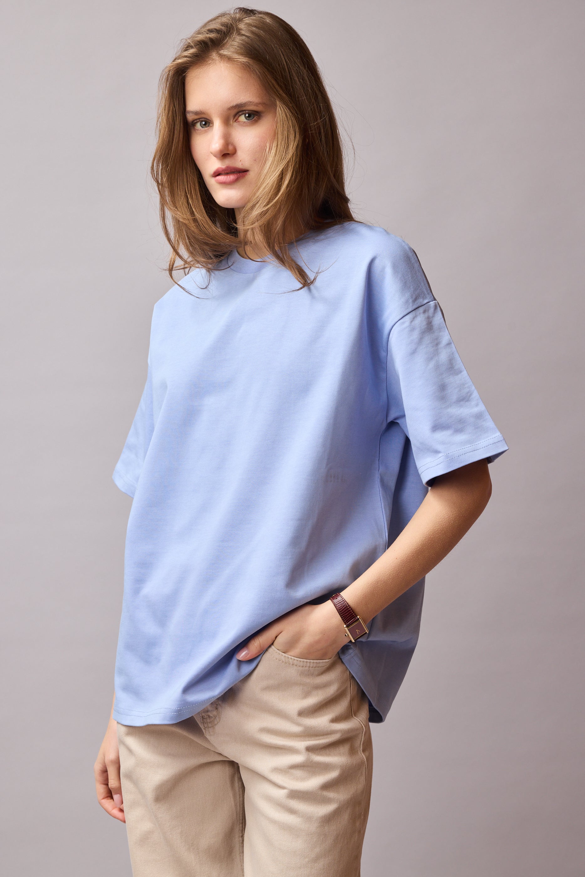 OVERSIZE KISA KOLLU PAMUK T-SHIRT BABY BLUE