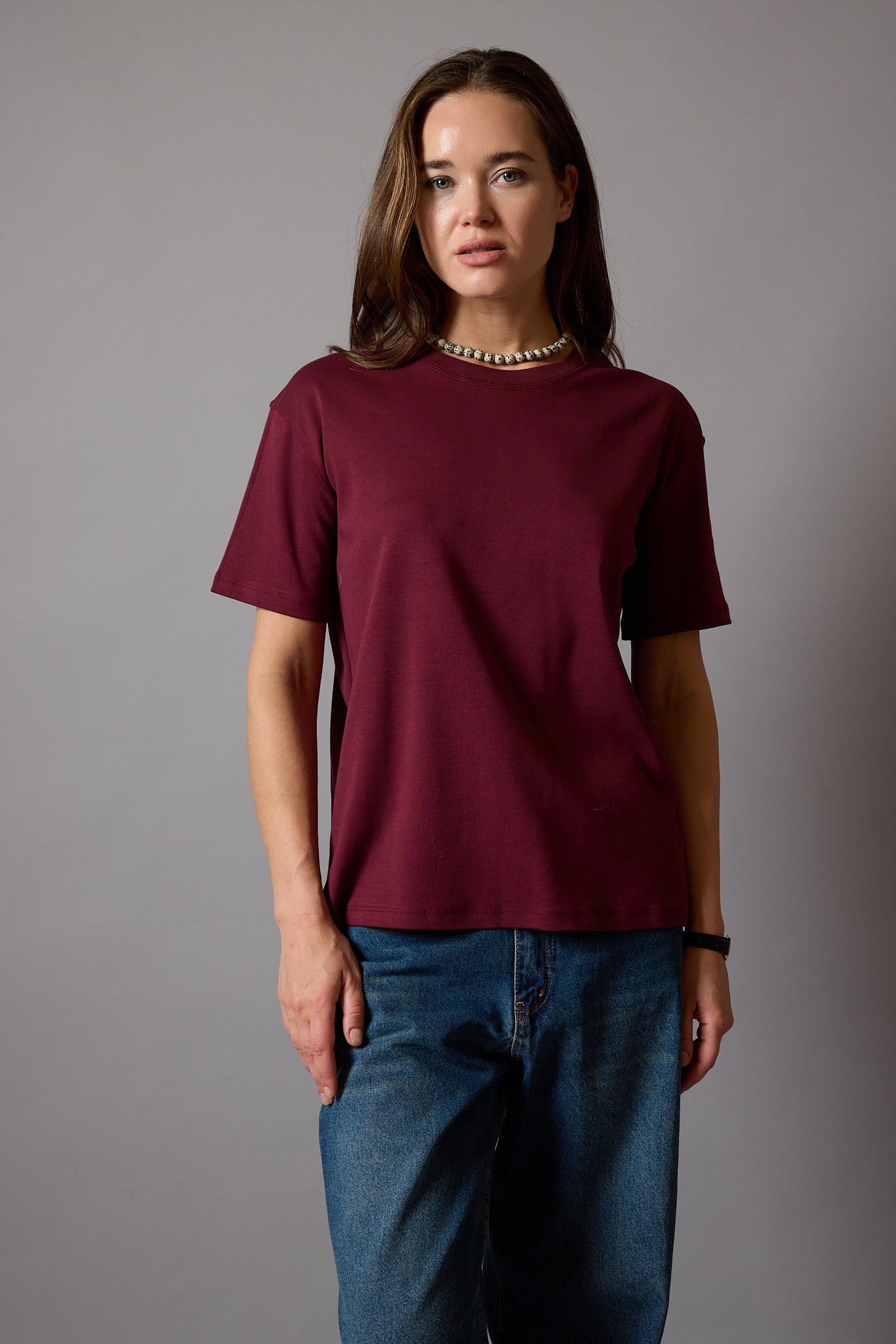 KISA KOLLU PAMUK T-SHIRT BORDO