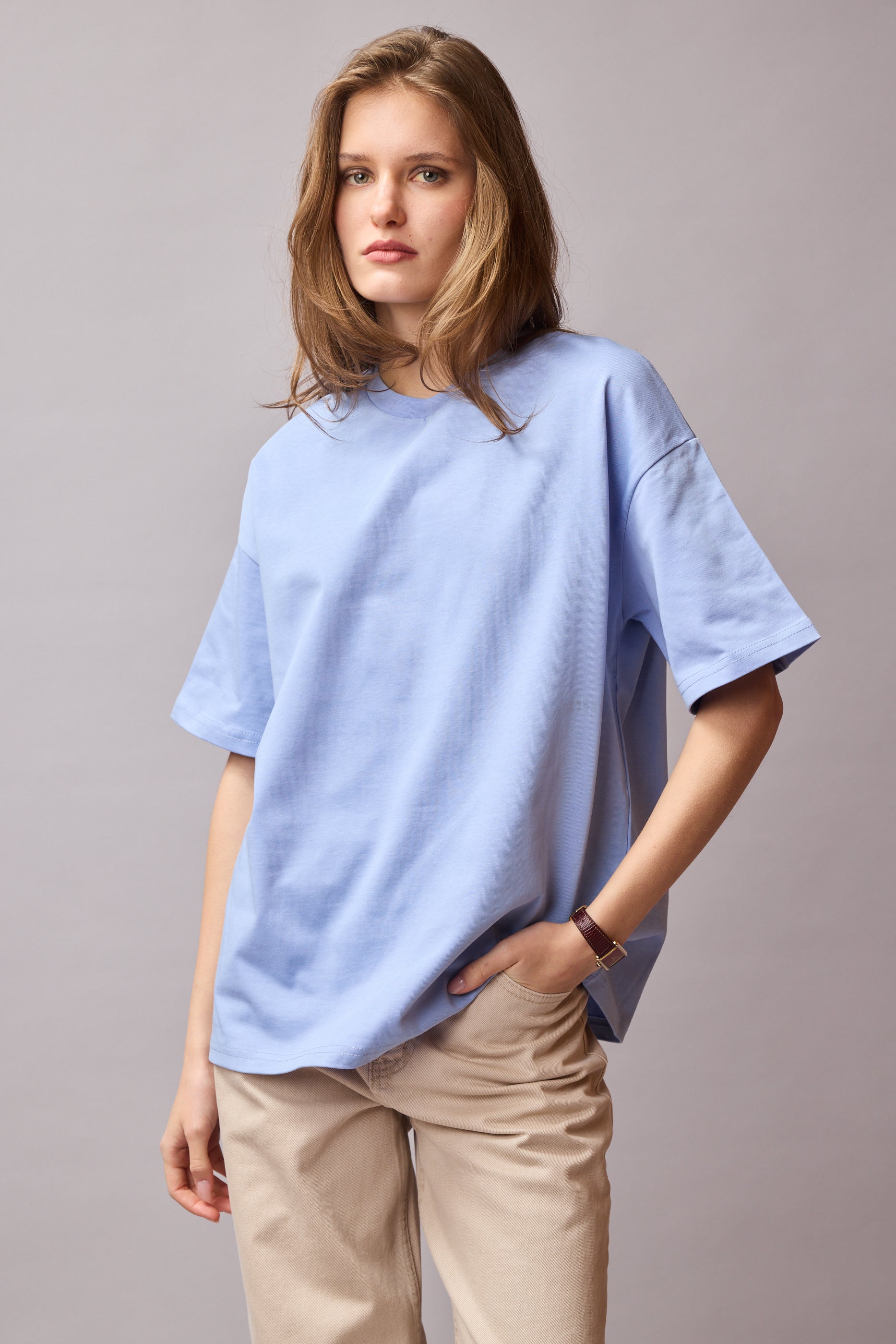 OVERSIZE KISA KOLLU PAMUK T-SHIRT BABY BLUE