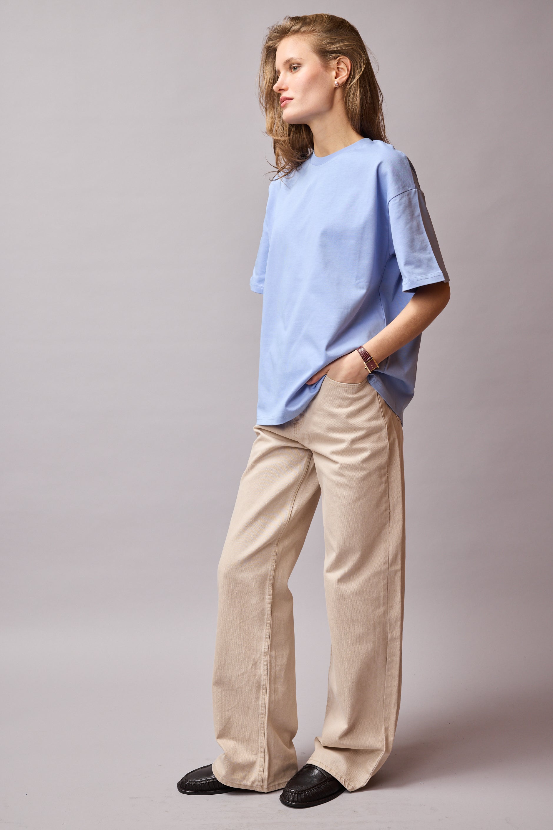 OVERSIZE KISA KOLLU PAMUK T-SHIRT BABY BLUE