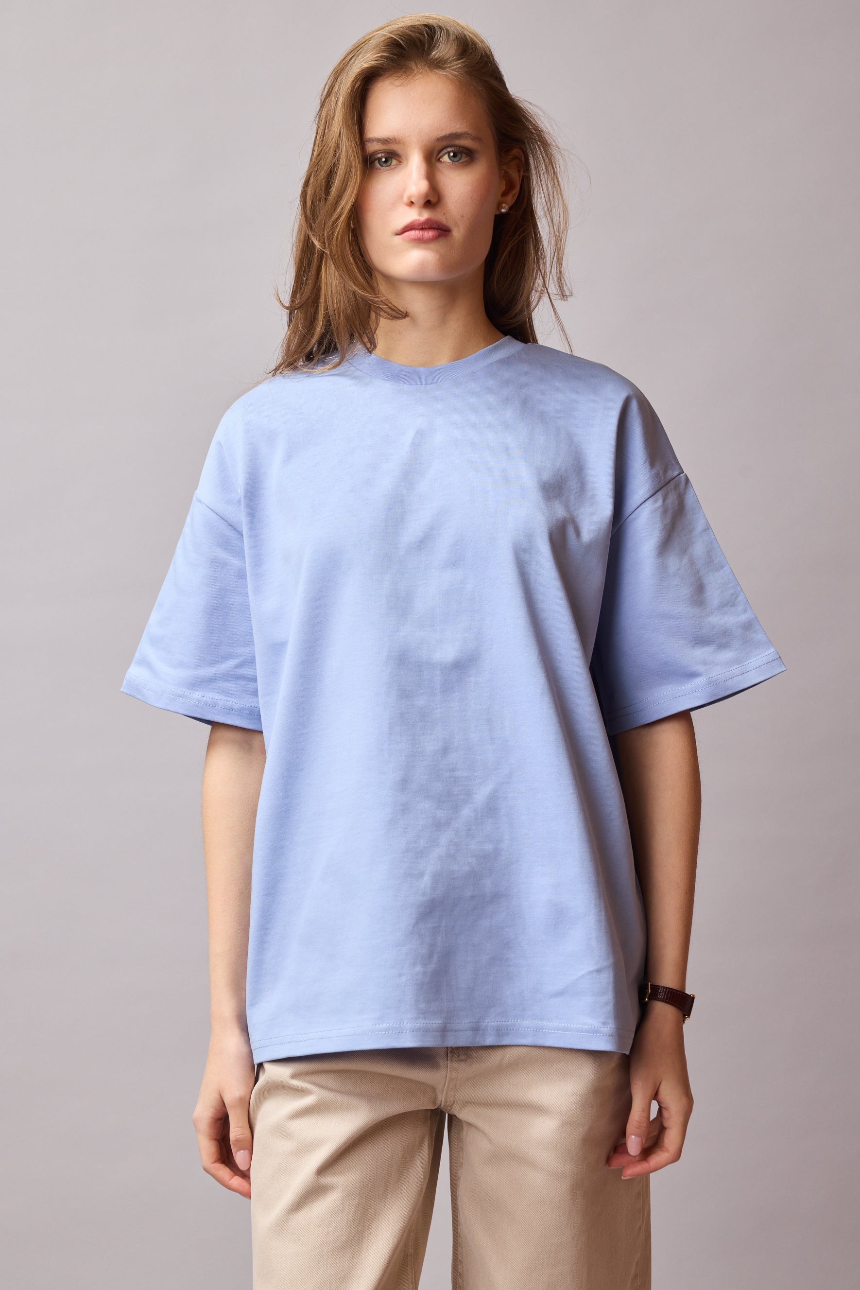 OVERSIZE KISA KOLLU PAMUK T-SHIRT BABY BLUE