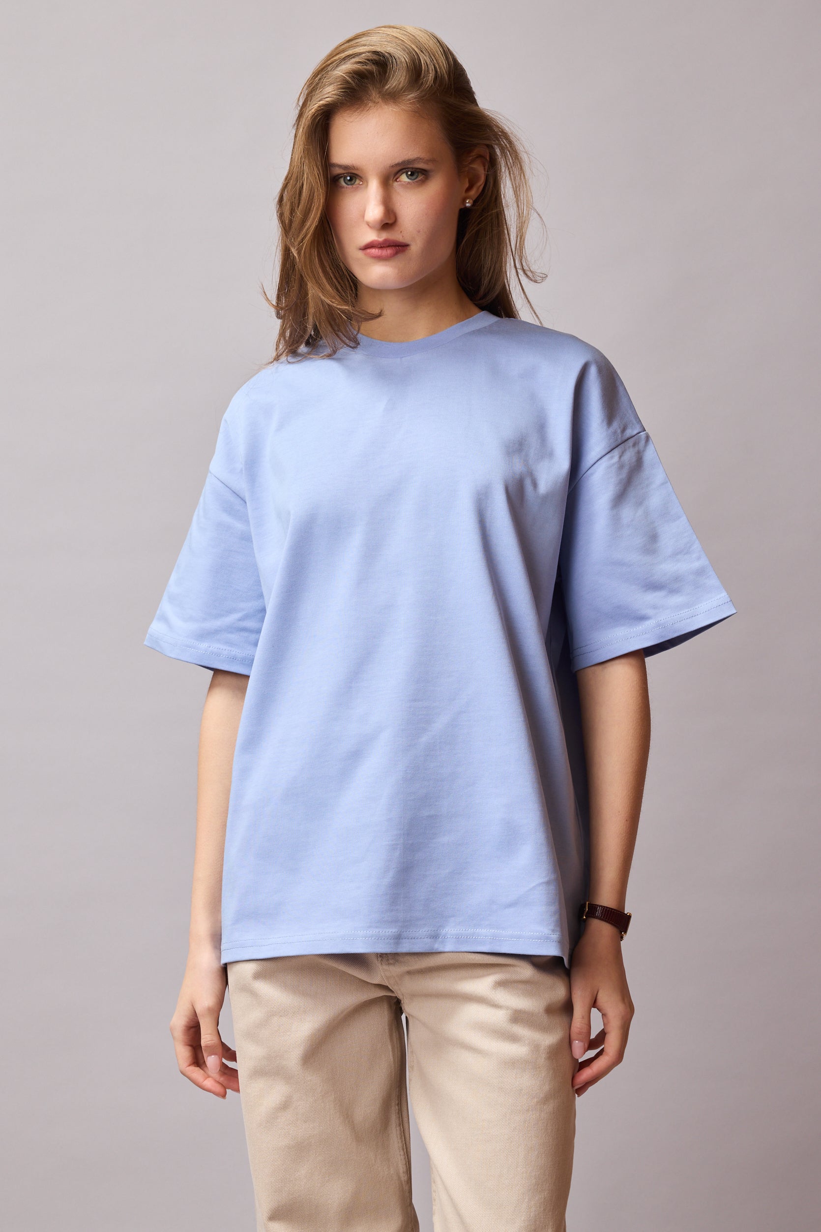 OVERSIZE KISA KOLLU PAMUK T-SHIRT BABY BLUE