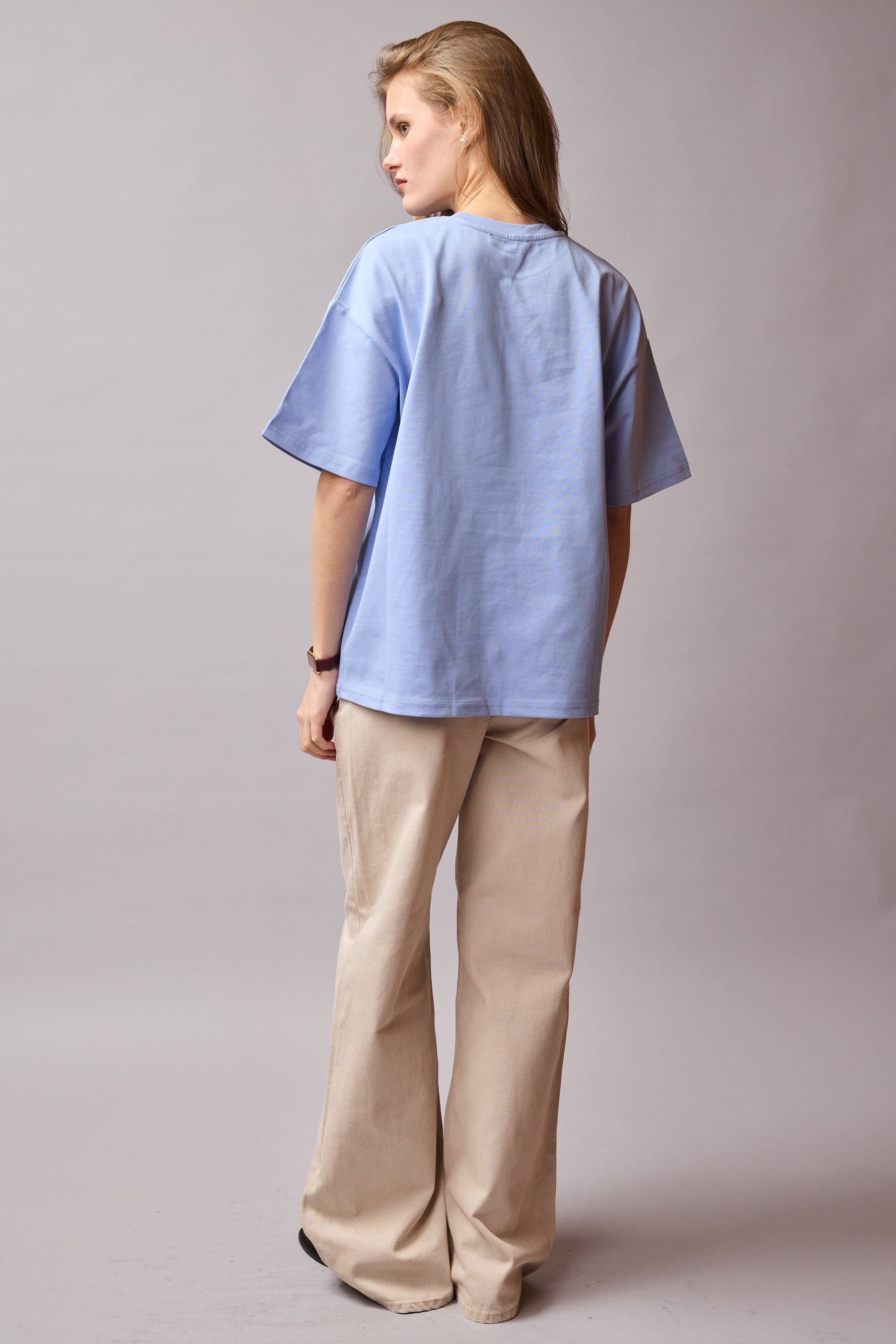 OVERSIZE KISA KOLLU PAMUK T-SHIRT BABY BLUE