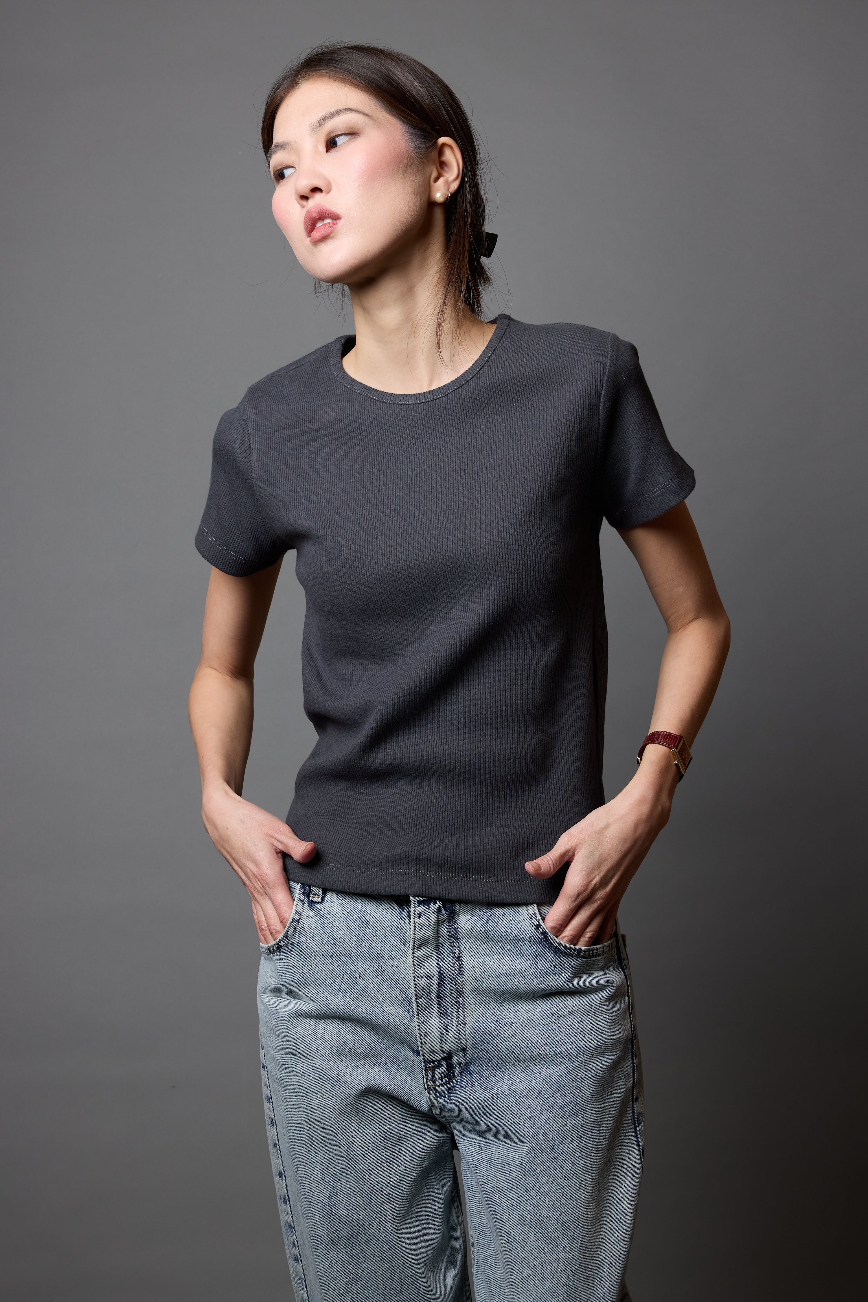 FİTİLLİ KISA KOLLU PAMUK T-SHIRT ANTRASİT