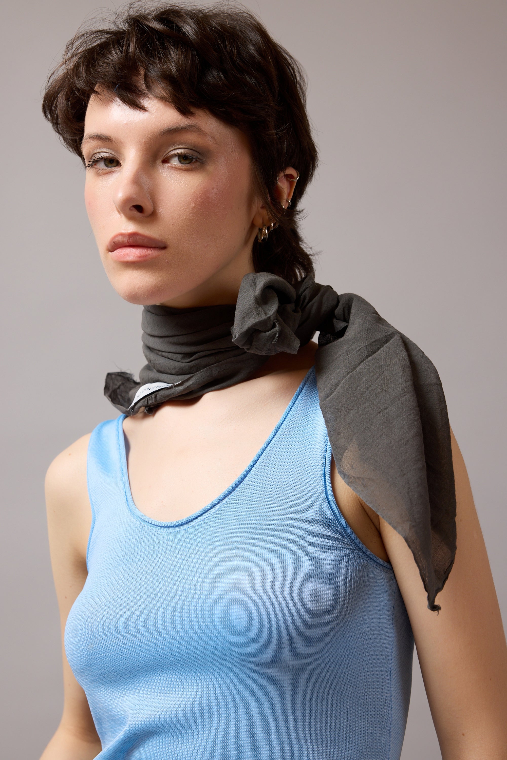 Grey Organik Pamuk Handmade Kare Fular