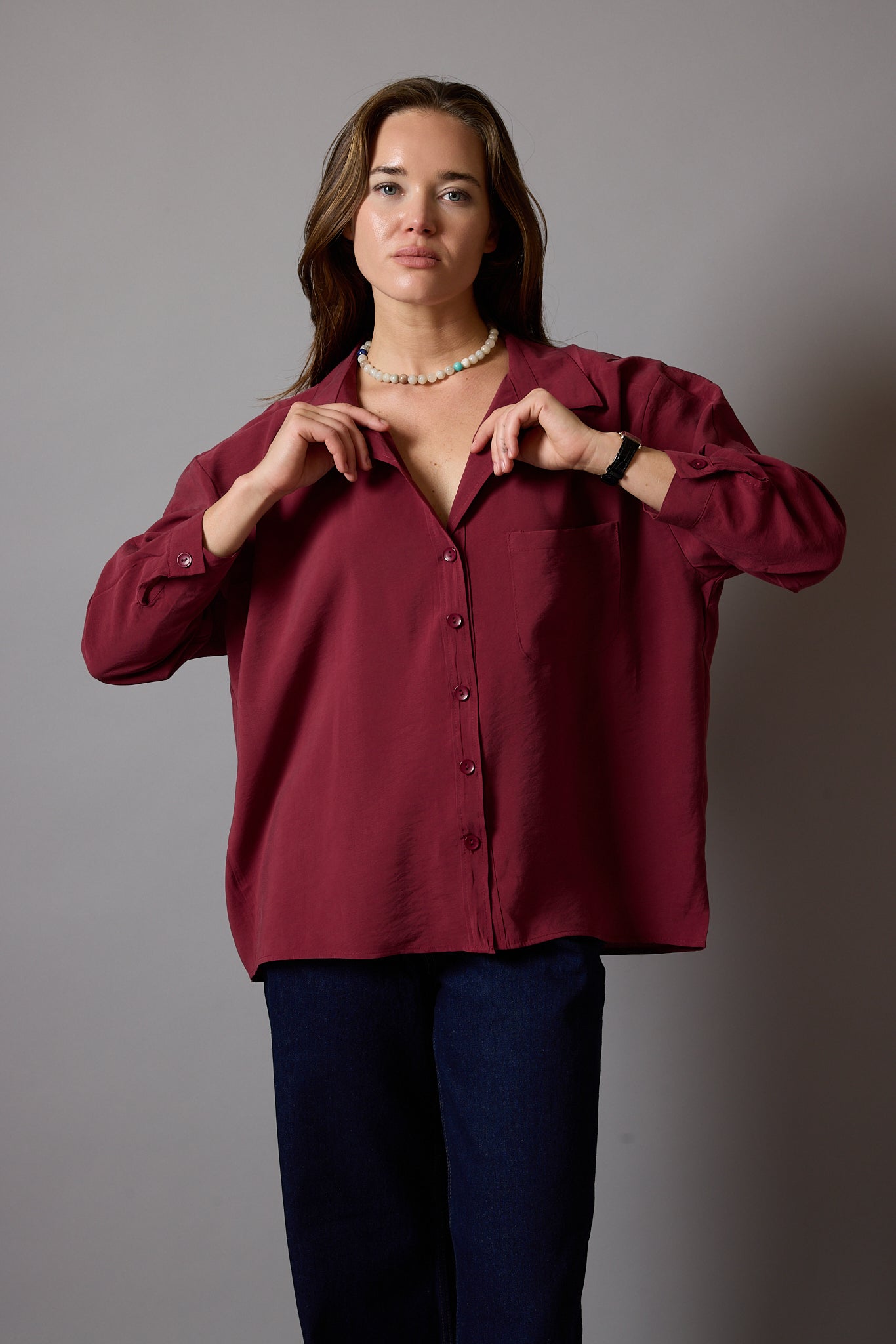 FLOWER POCKET TENSEL SHIRT CHERRY