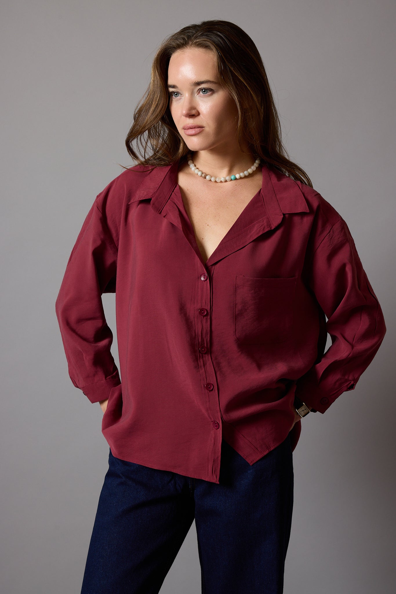 FLOWER POCKET TENSEL SHIRT CHERRY