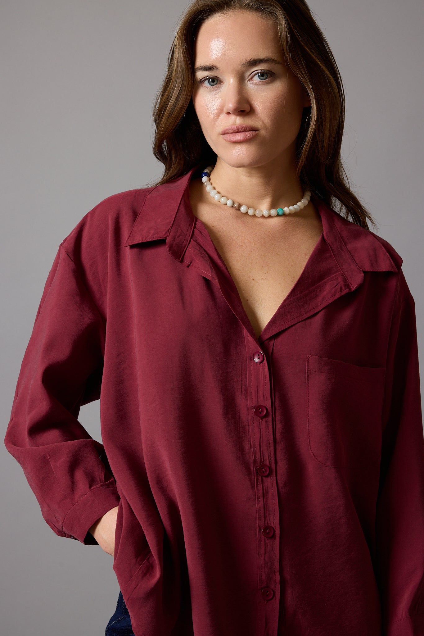 FLOWER POCKET TENSEL SHIRT CHERRY