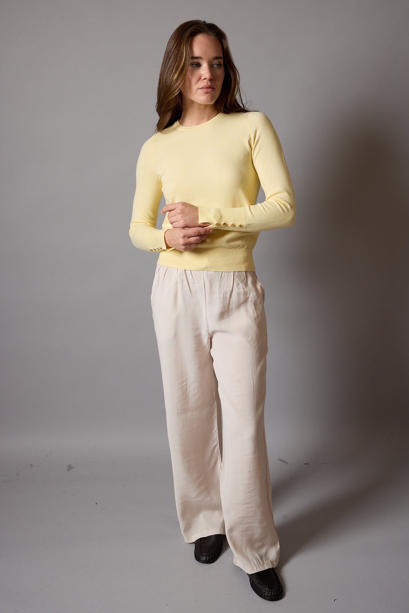 MODAL ELASTIK BEL BANTLI GENIS PACA PANTOLON KREM