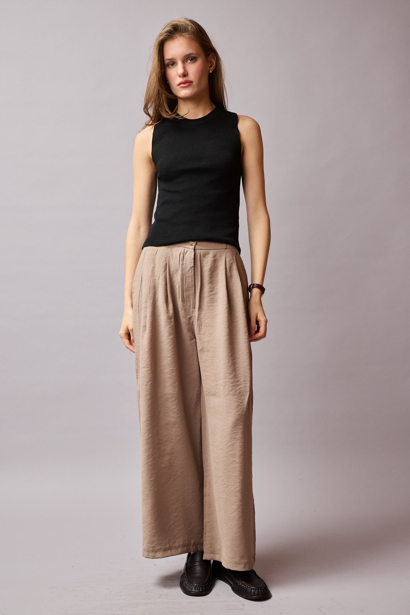 DOUBLE PLEATED FLOWING PALAZZO TROUSERS BEIGE