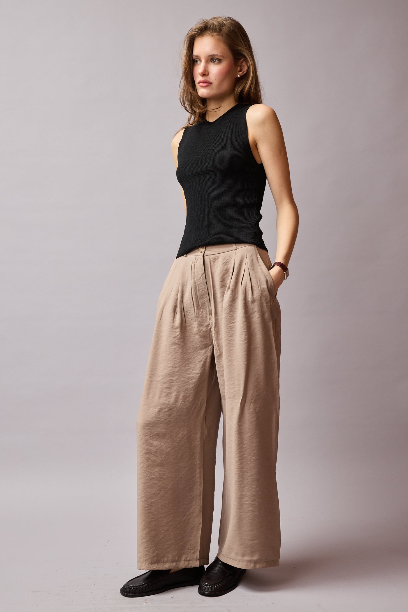 DOUBLE PLEATED FLOWING PALAZZO TROUSERS BEIGE