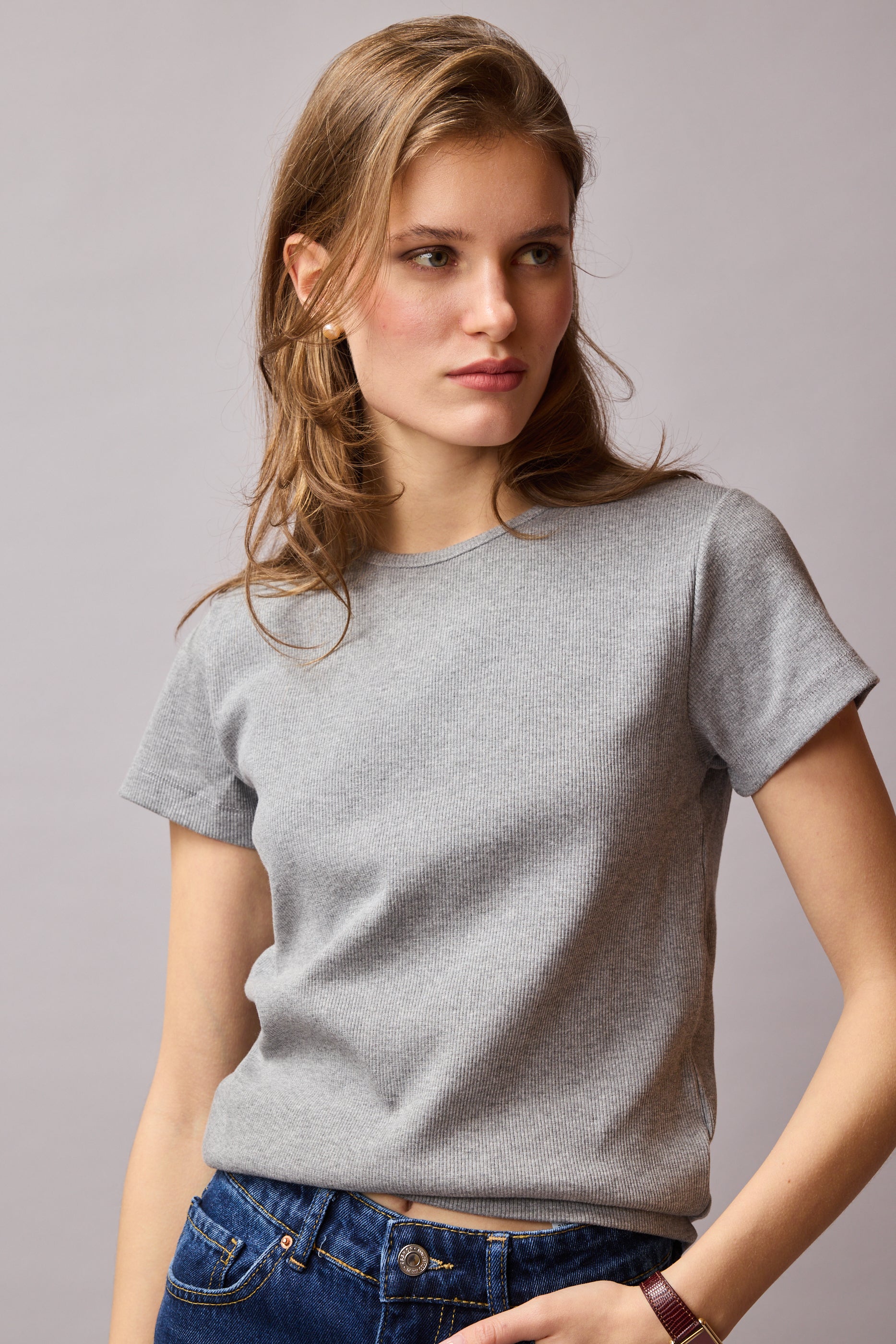 FİTİLLİ KISA KOLLU PAMUK T-SHIRT GRİ