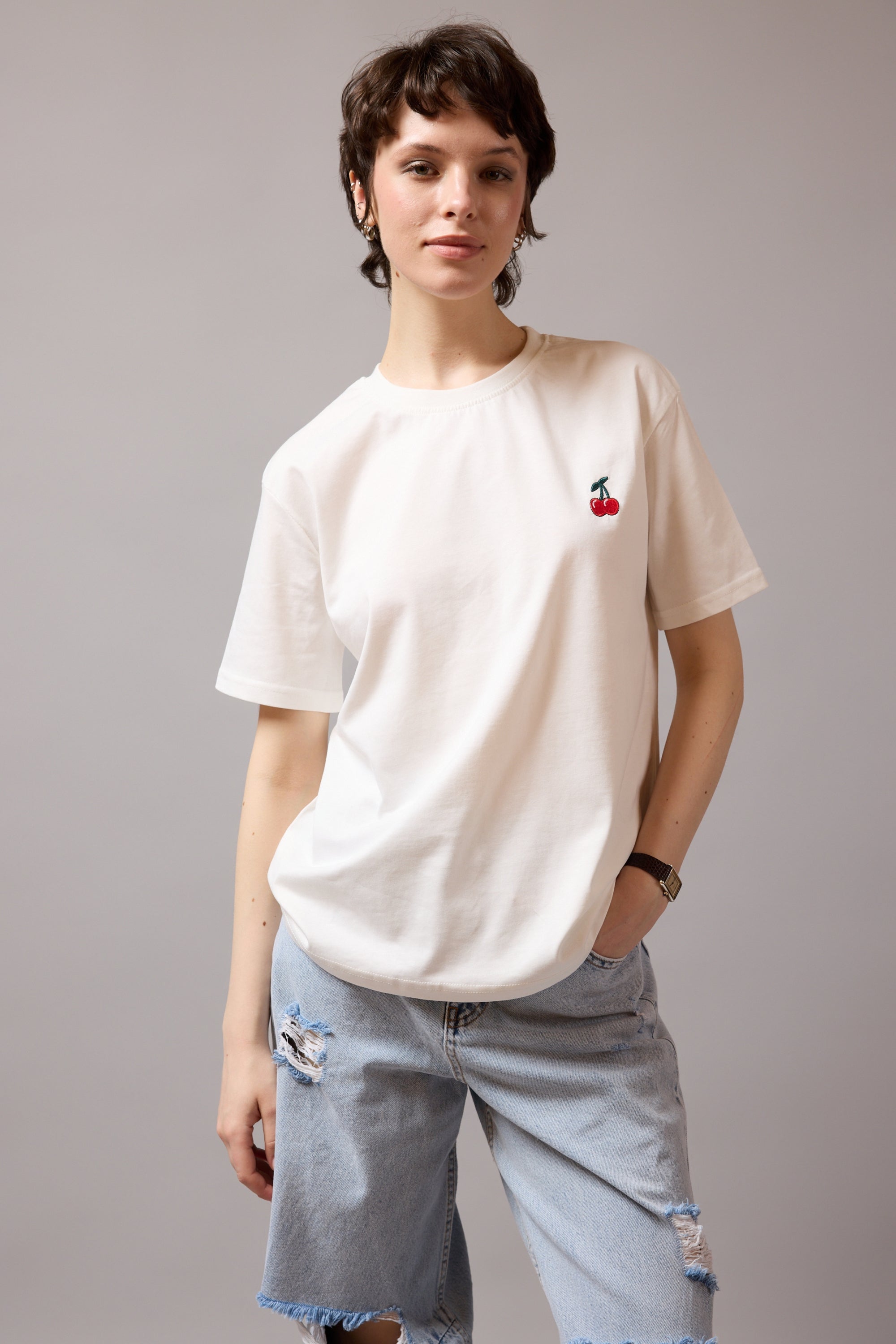 CHERRY KISA KOLLU PAMUK T-SHIRT WHITE