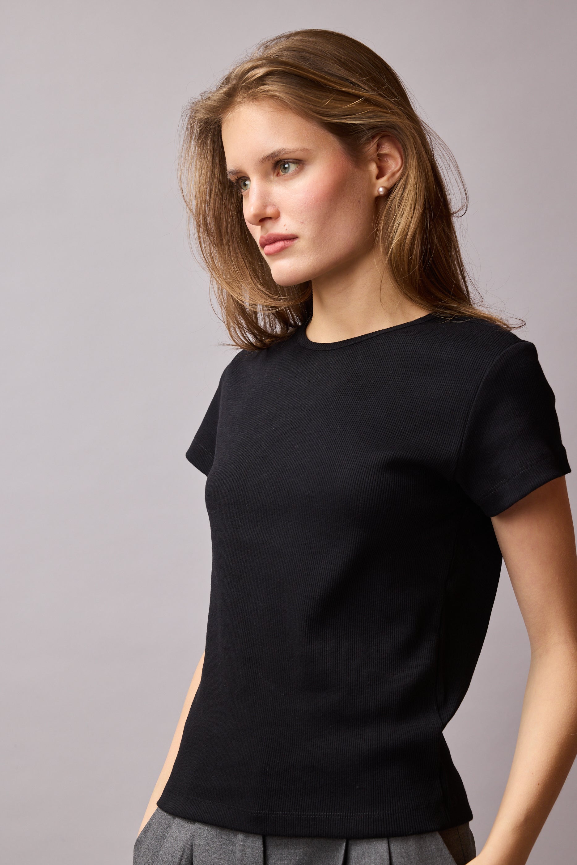 FİTİLLİ KISA KOLLU PAMUK T-SHIRT SİYAH