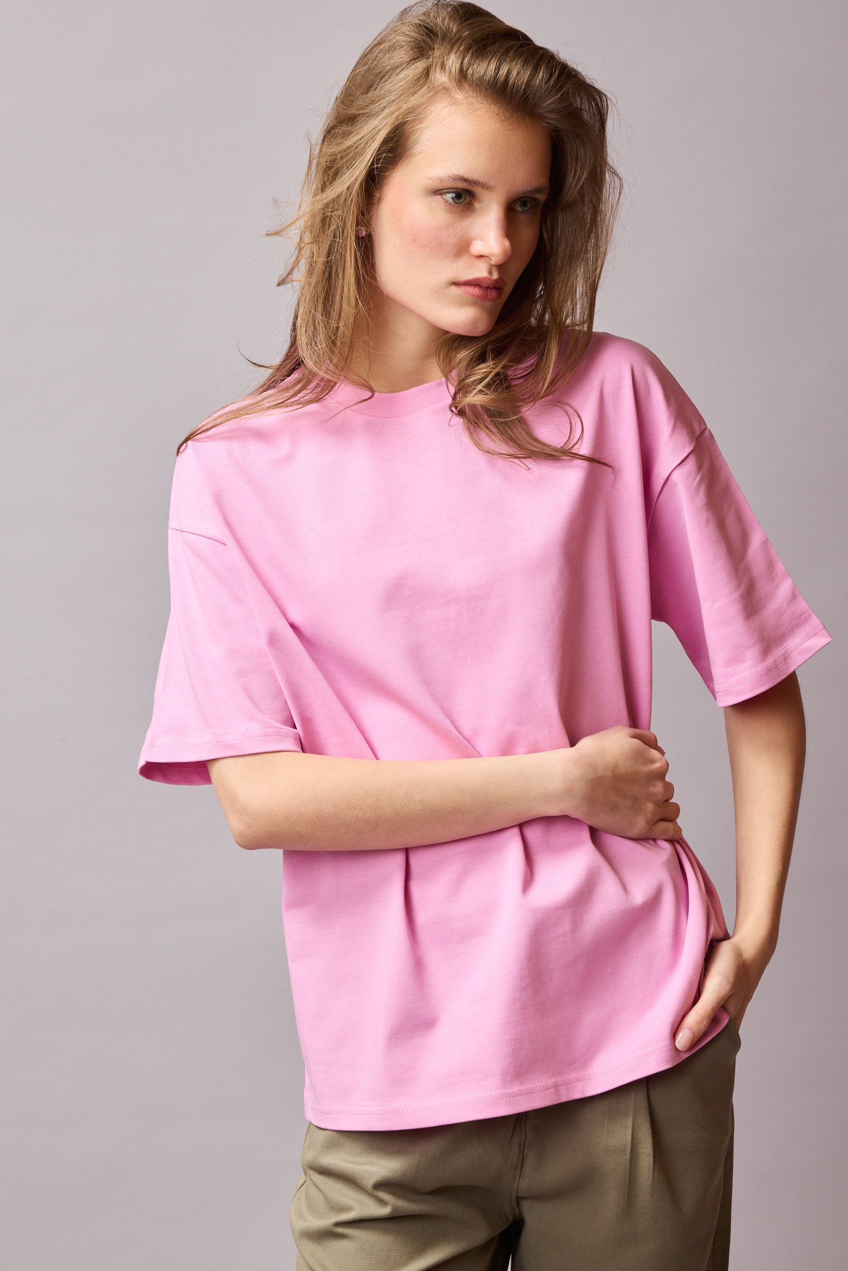OVERSIZE KISA KOLLU PAMUK T-SHIRT PINK