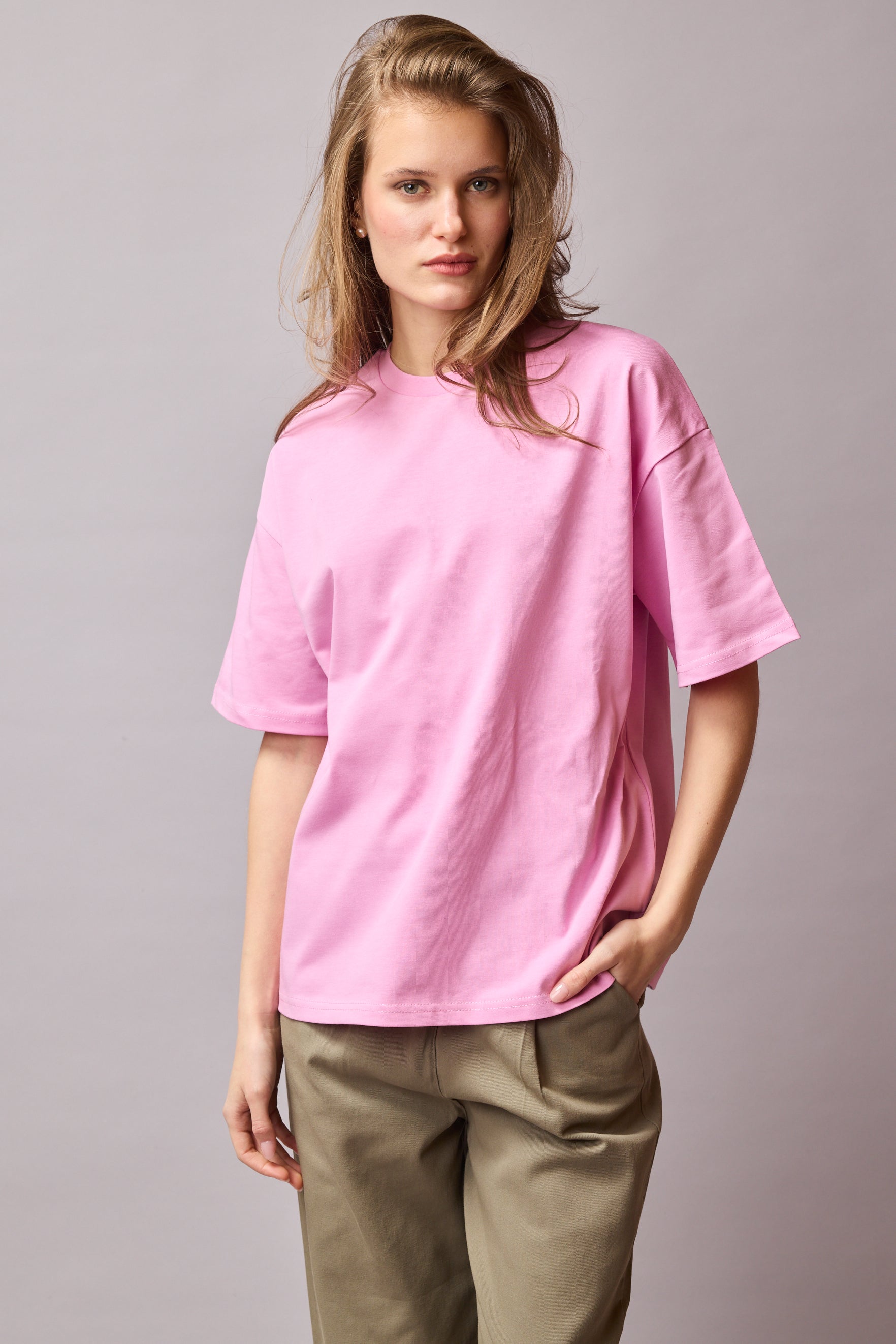 OVERSIZE KISA KOLLU PAMUK T-SHIRT PINK