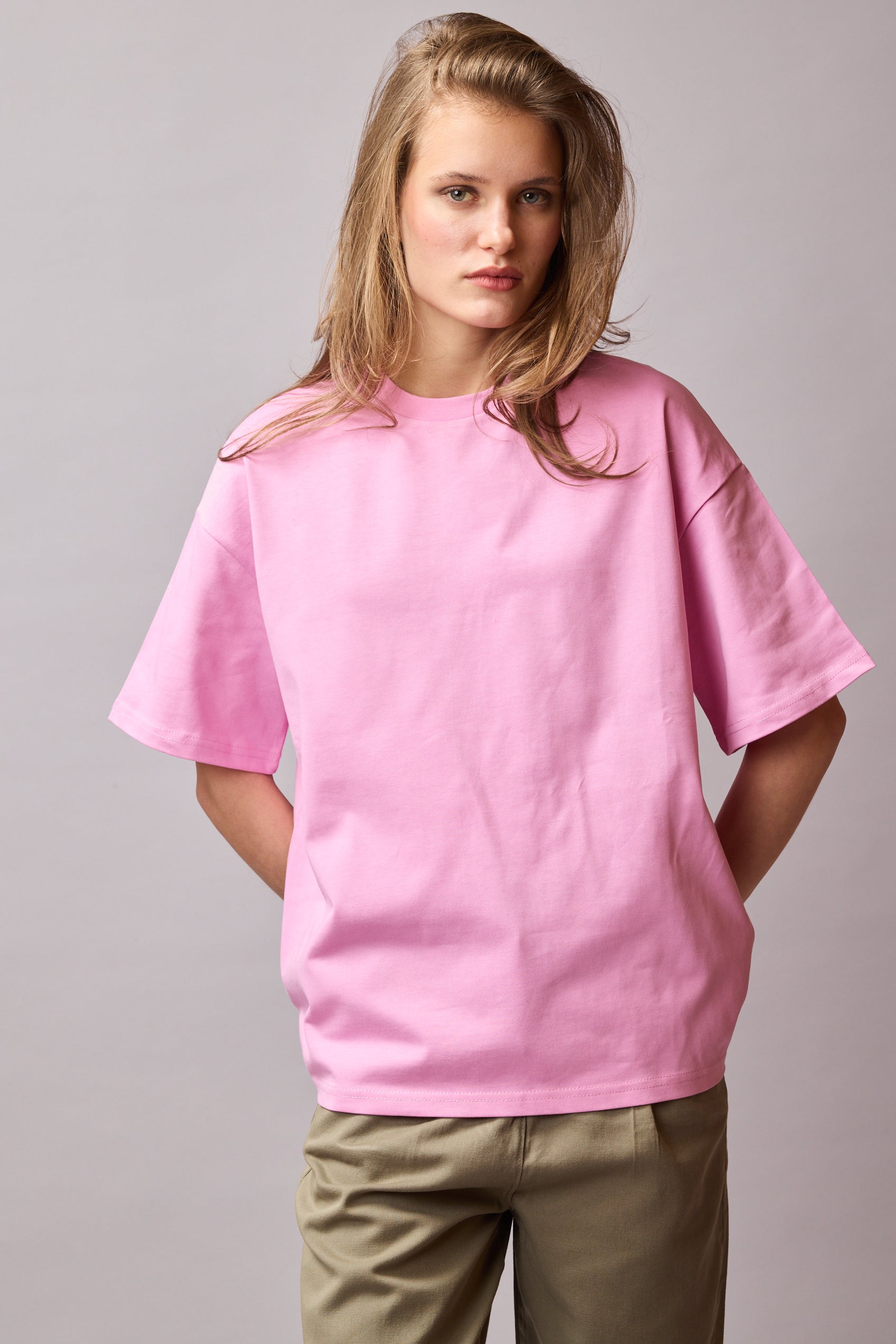 OVERSIZE KISA KOLLU PAMUK T-SHIRT PINK