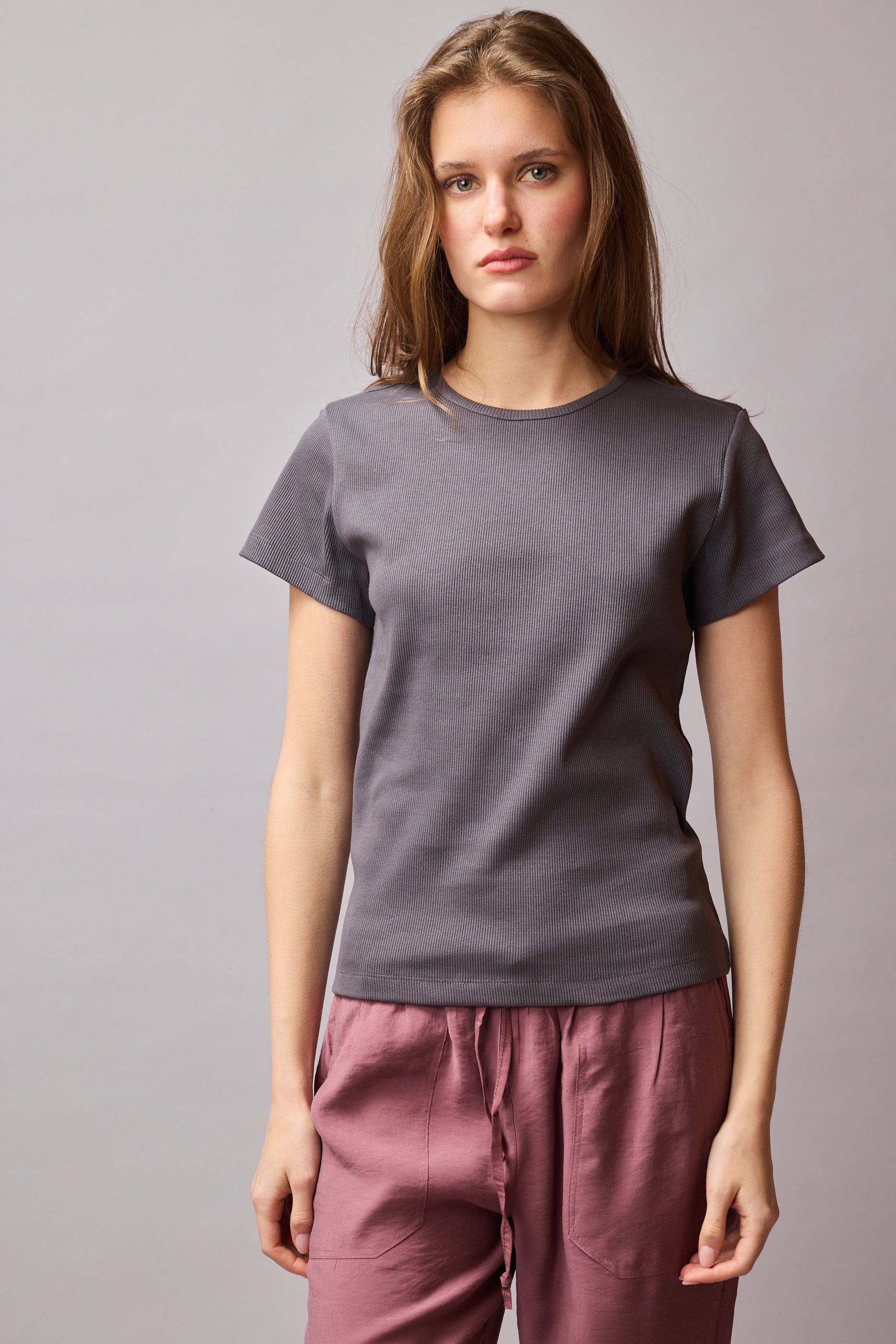 FİTİLLİ KISA KOLLU PAMUK T-SHIRT GREY