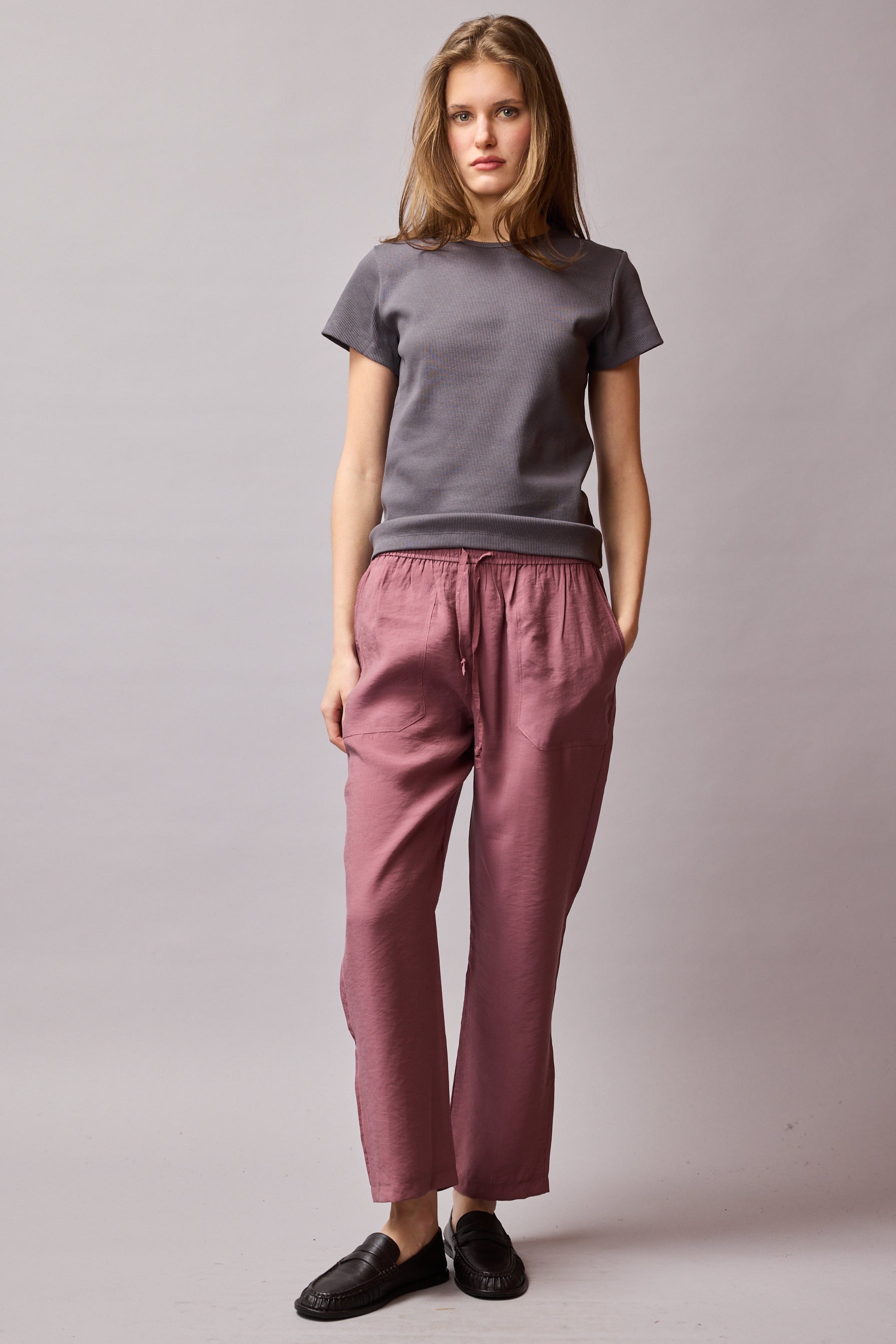 FİTİLLİ KISA KOLLU PAMUK T-SHIRT GREY