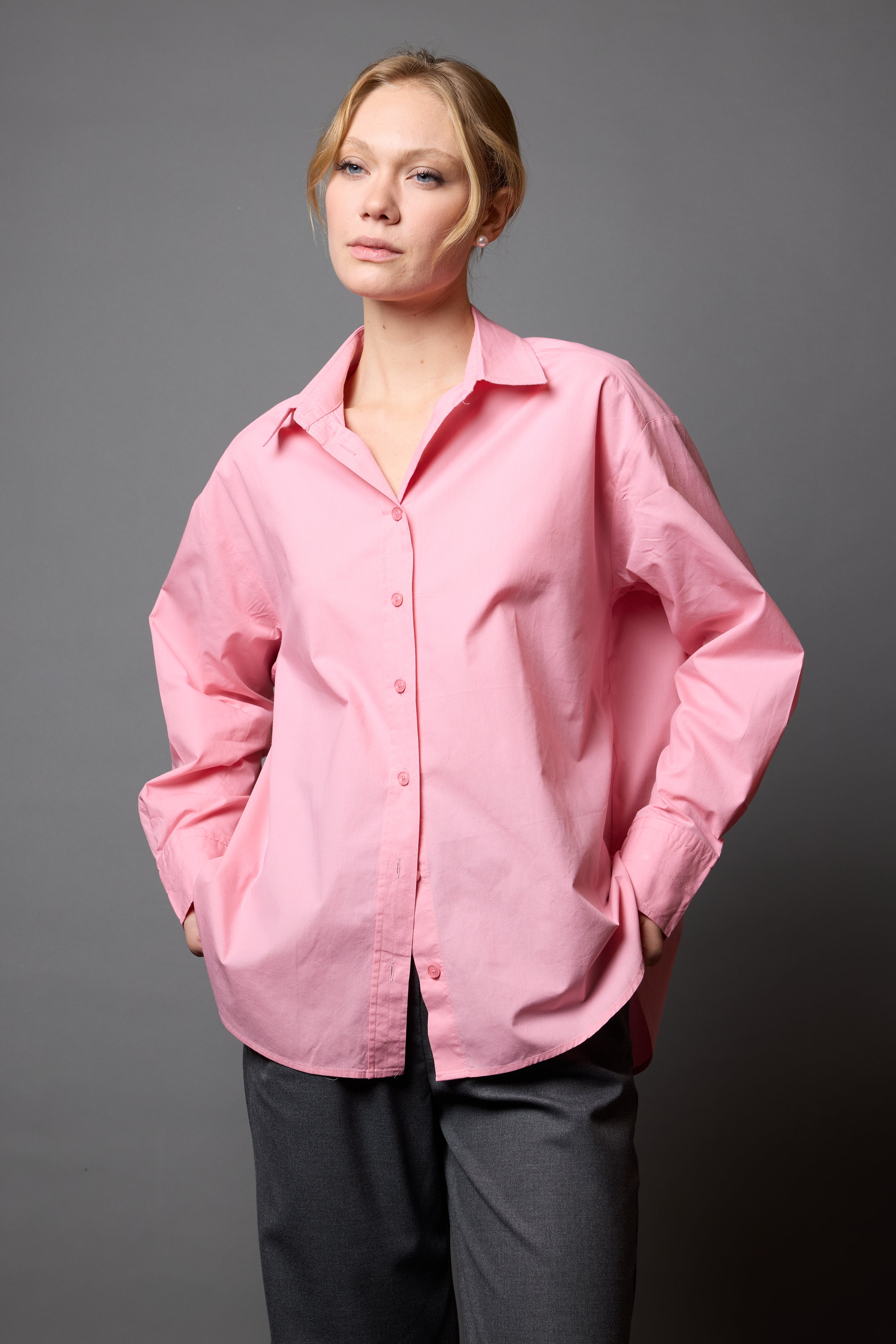 KLASİK YAKA OVERSIZE POPLİN GÖMLEK PEMBE
