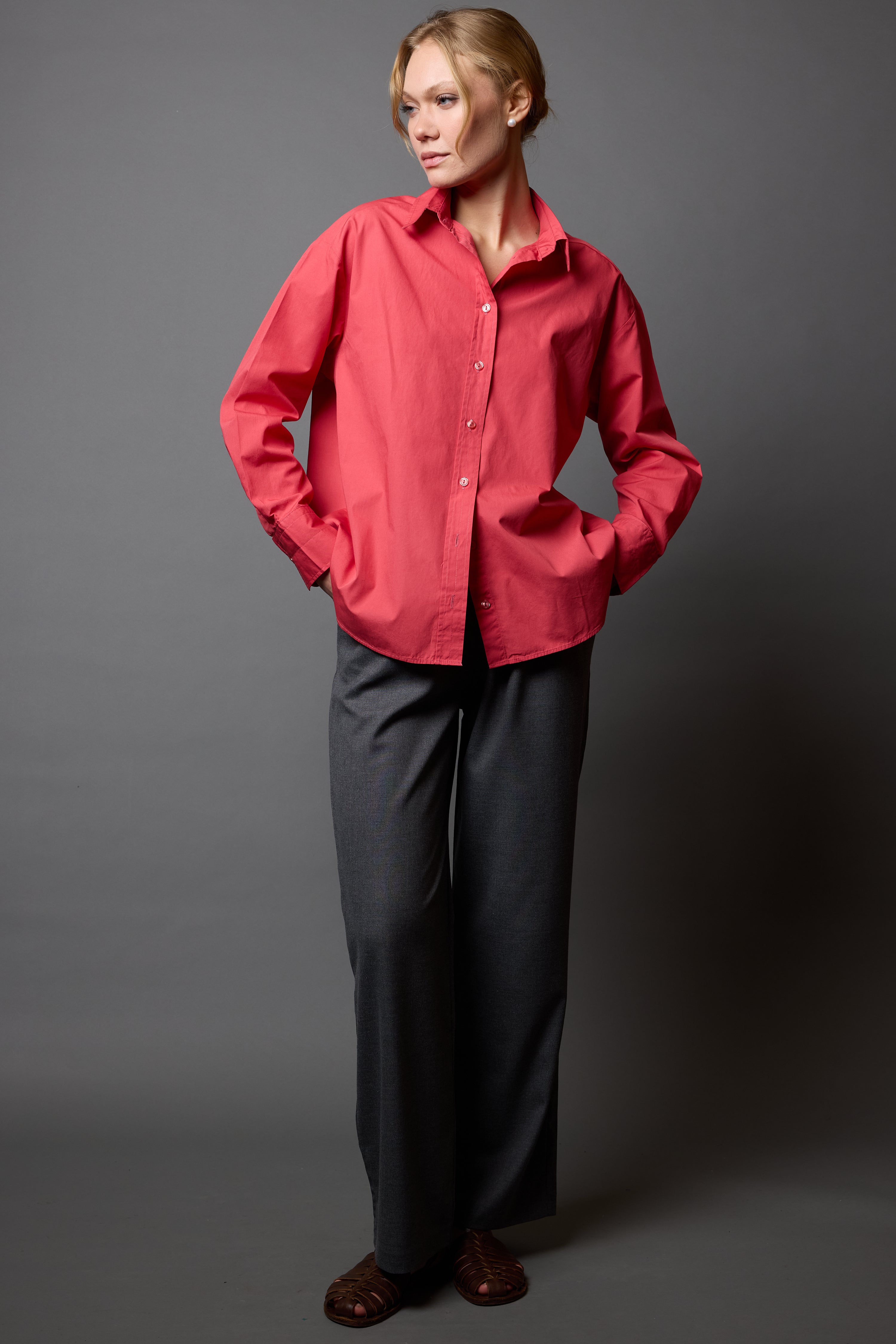 KLASİK YAKA OVERSIZE POPLİN GÖMLEK CHERRY