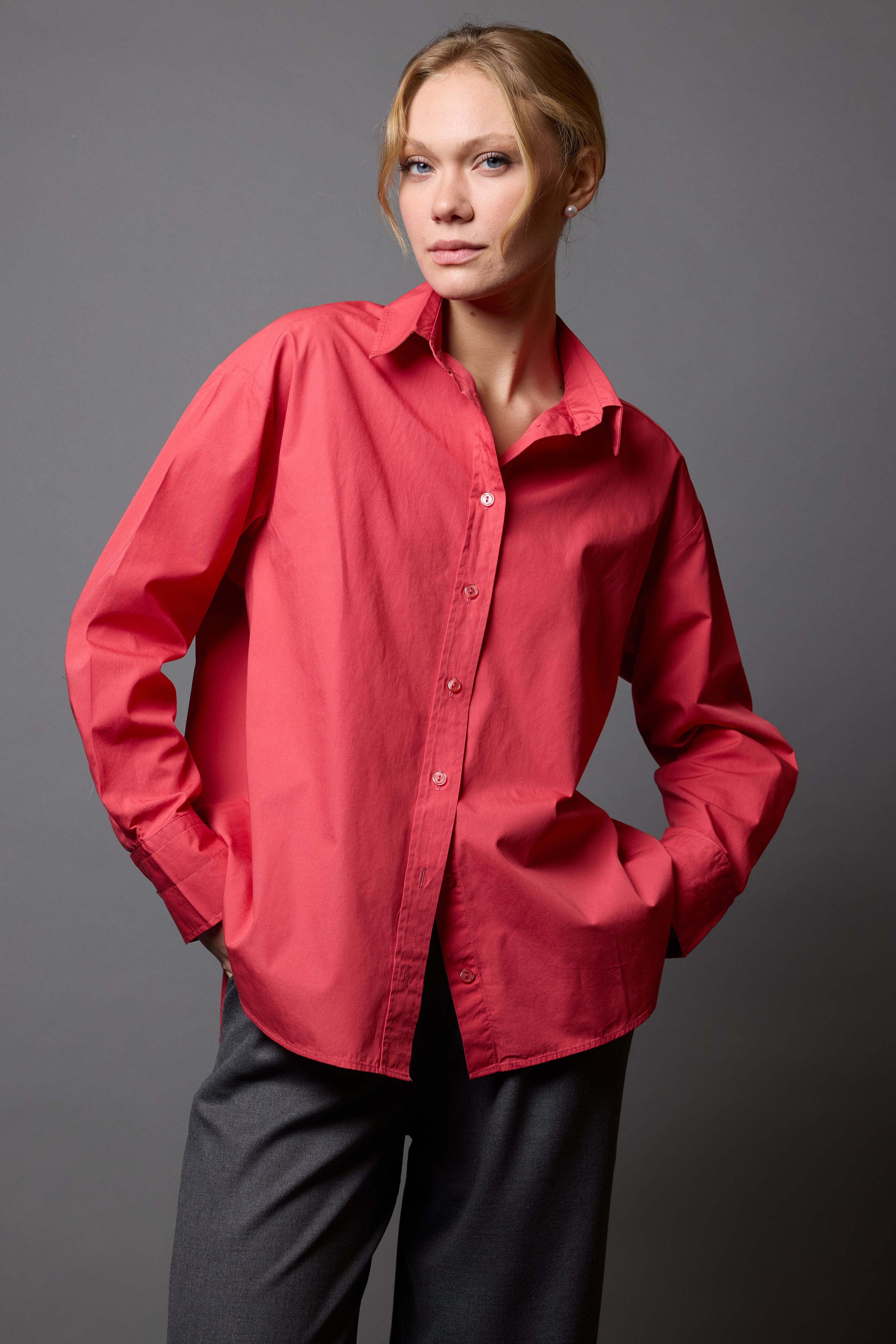 KLASİK YAKA OVERSIZE POPLİN GÖMLEK CHERRY