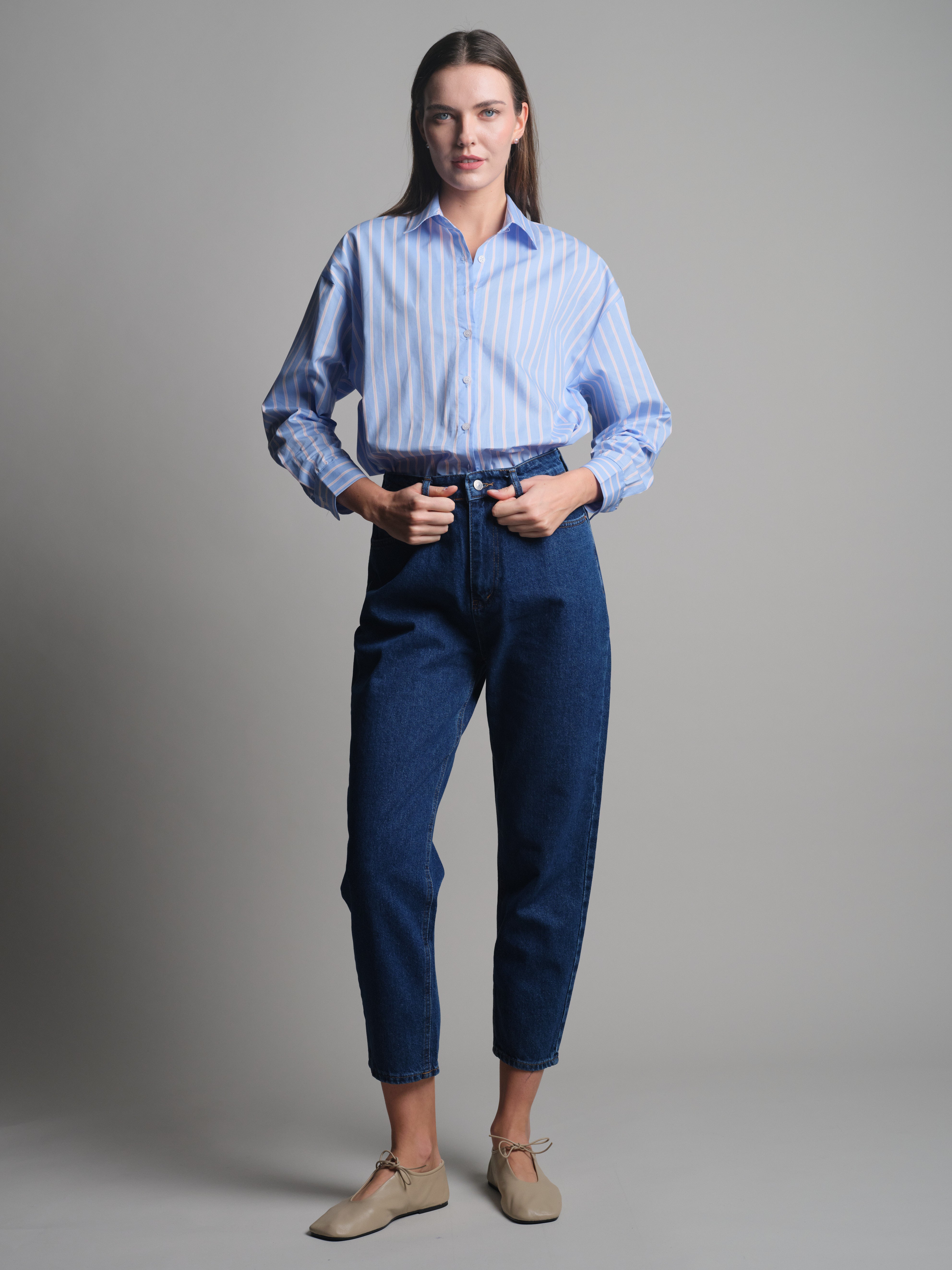 STRAIGHT FIT YÜKSEK BEL MOM JEAN BLUE