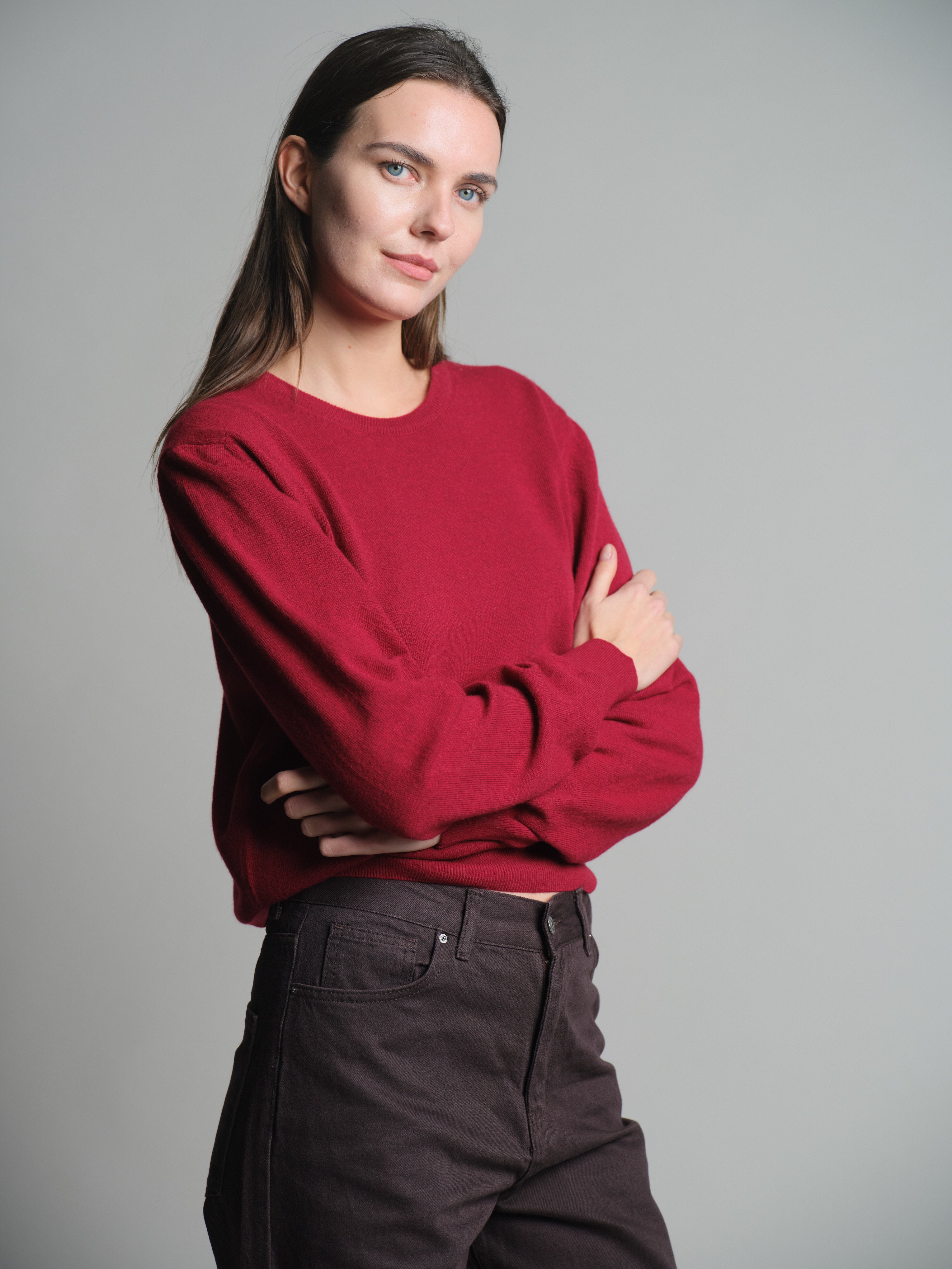 WOOL CREW NECK UNISEX SWEATER CLARET RED 