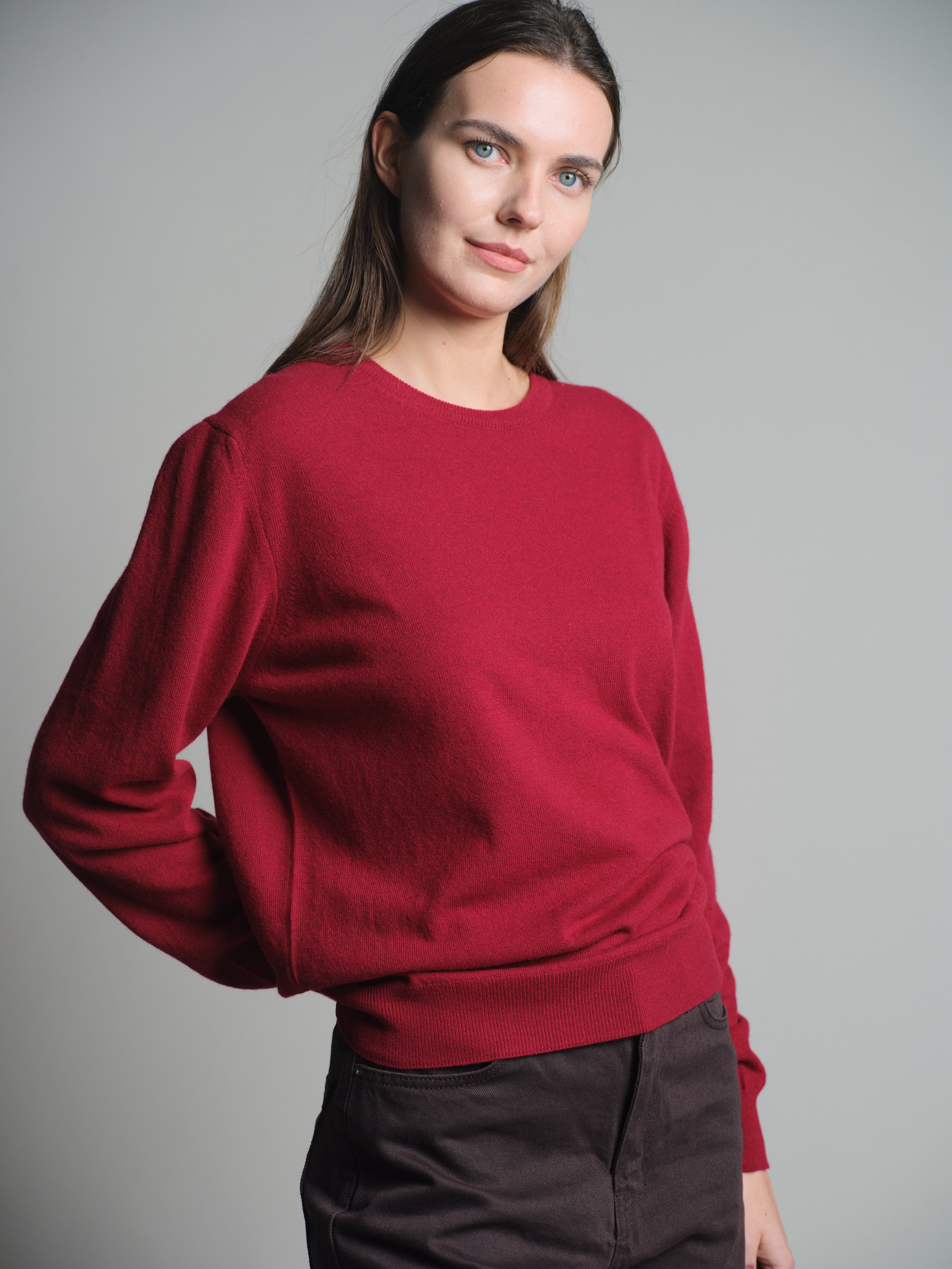 WOOL CREW NECK UNISEX SWEATER CLARET RED 
